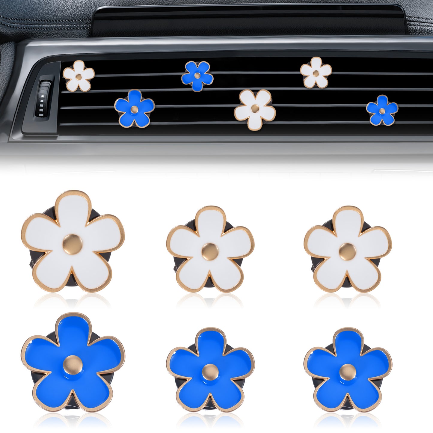 Flower Air Freshener Car Clips 6 Pcs Blue White Daisy Flower Car Air Freshener Vent Clips Accessories For Women Cute Vent Clip For Women Interior Conditioning Decor 3.2cm/2.9cm