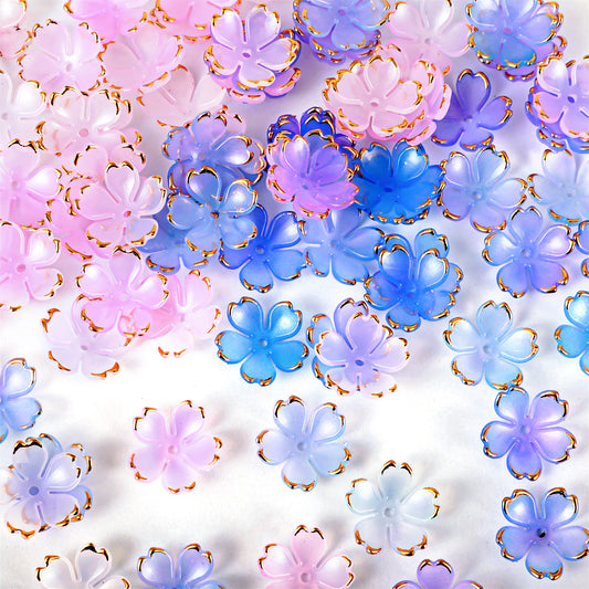 Ymapinc 100Pcs Flower Charms for Jewelry Making, 5-Petal Acrylic Flower Beads for Bracelets, Gold-Plated Mini Spacer Beads Charms, Blue Purple Gradient & Pale Pink Gradient