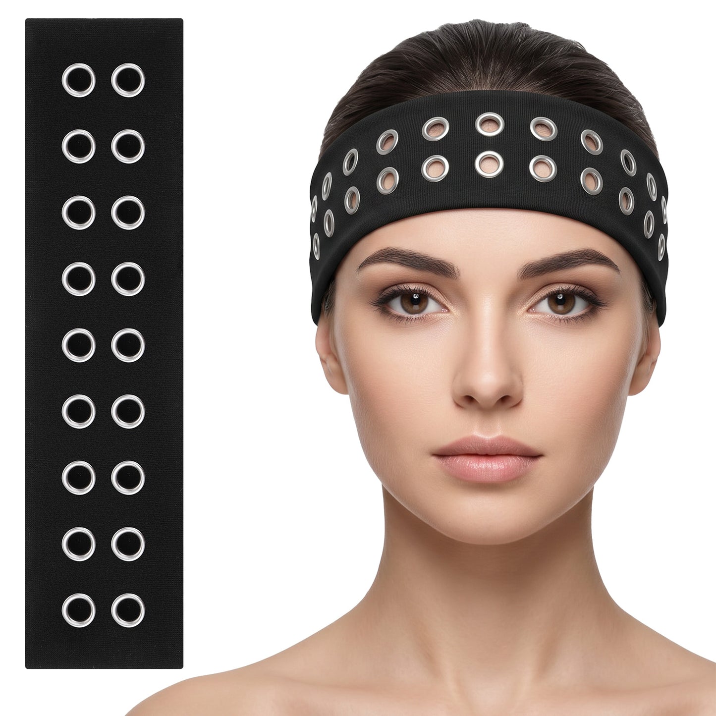 Mabor Grommet Headband for Women, Y2K Wide Eyelet Elastic Hairband, Punk Grunge Accessories Stretchy Hair Band Black