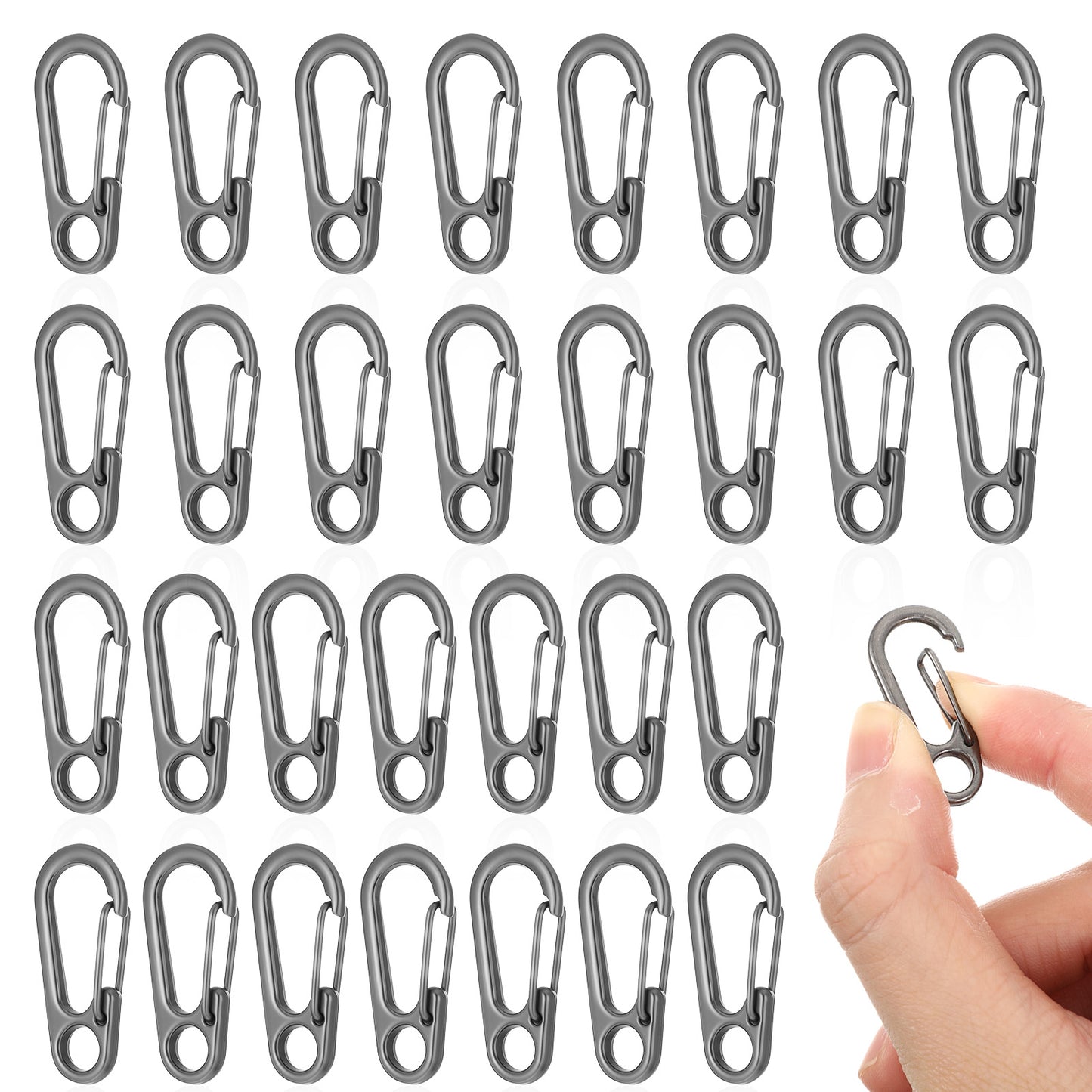 Matwsec 30 Pcs Mini SF Carabiner Clip, Metal D Shape Small Carabiners, Micro Spring Snap Hook Keychain Clips for Keys, Outdoor Backpack Camping Bottle Using Accessories (Grey)