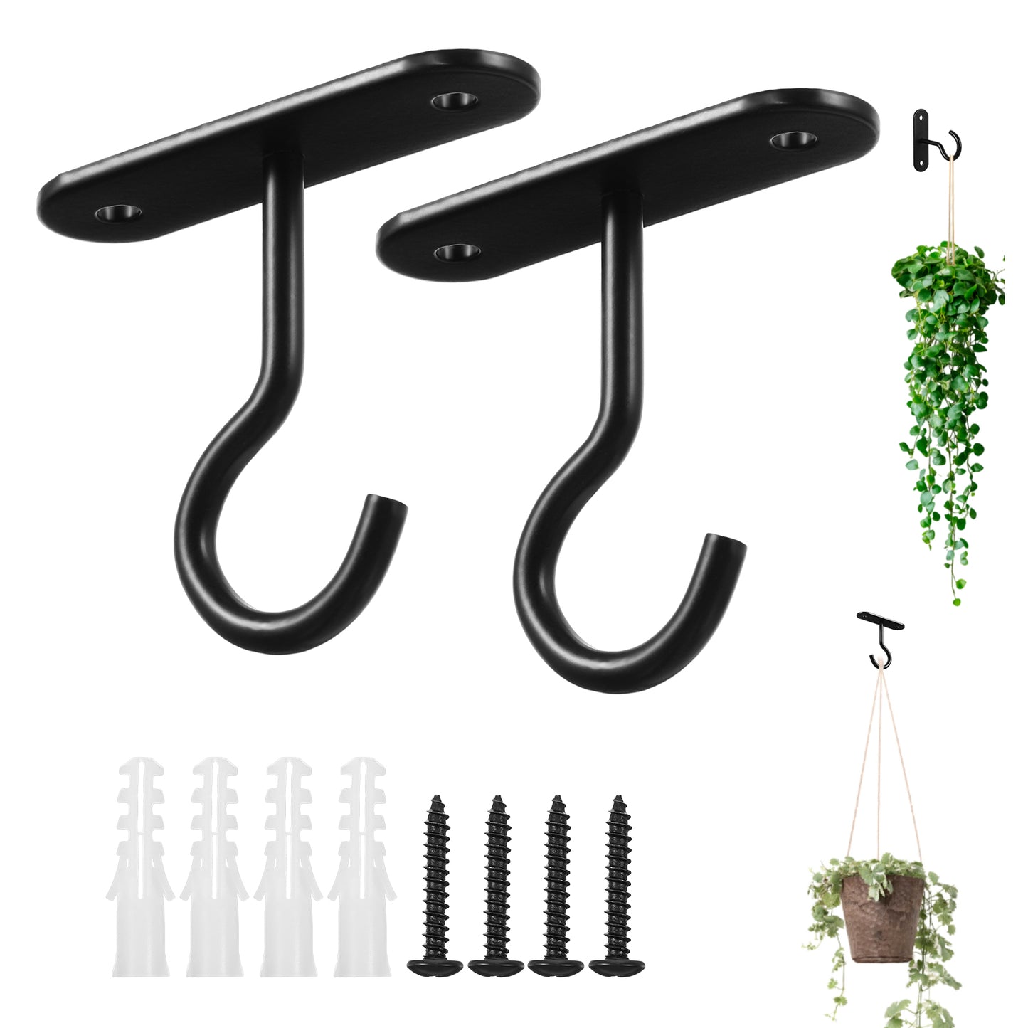 2 Pack Ceiling Hooks for Hanging Plant Heavy Duty Ceiling Plant Hook for Indoor & Outdoor Decoration Black Iron Wall Mount Hangers for Bird Feeders Lanterns Wind Chimes Planters