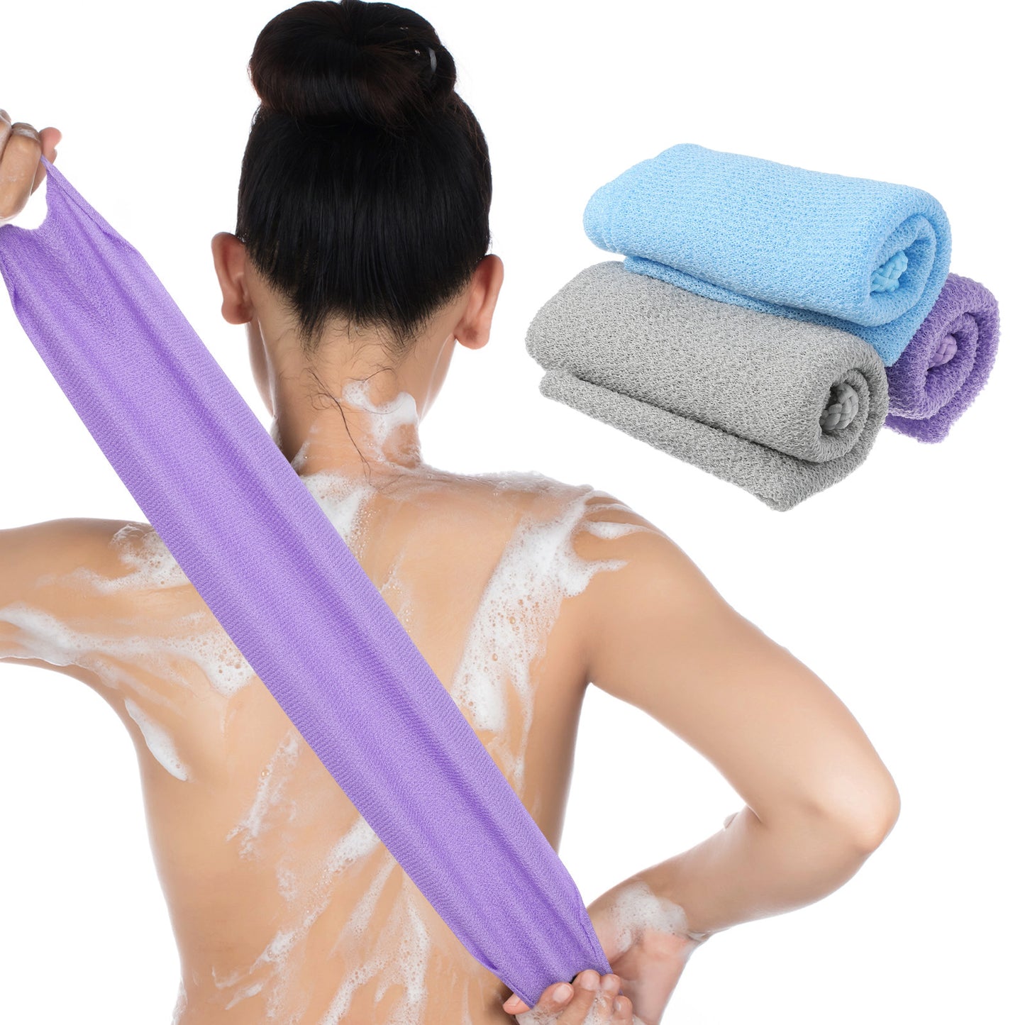 Exfoliating Bath Scrubber Set, 4 Pack Double-Sided Washers Scrub Body Washcloths with Handles for Body Scrub, Deep Clean, Stretchable Back Scrubbers for Shower (Blue, Pink, Gray, Purple)