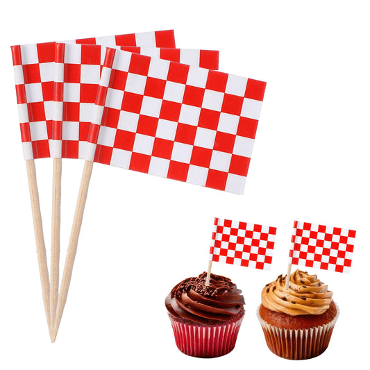 Ymapinc 100pcs Cupcake Topper Sticks, Red and White Checkered Flag Cake Topper for Toppers F1 Cars Cake Decorations Cupcake Toppers Decor Celebration Sport Events Party Club