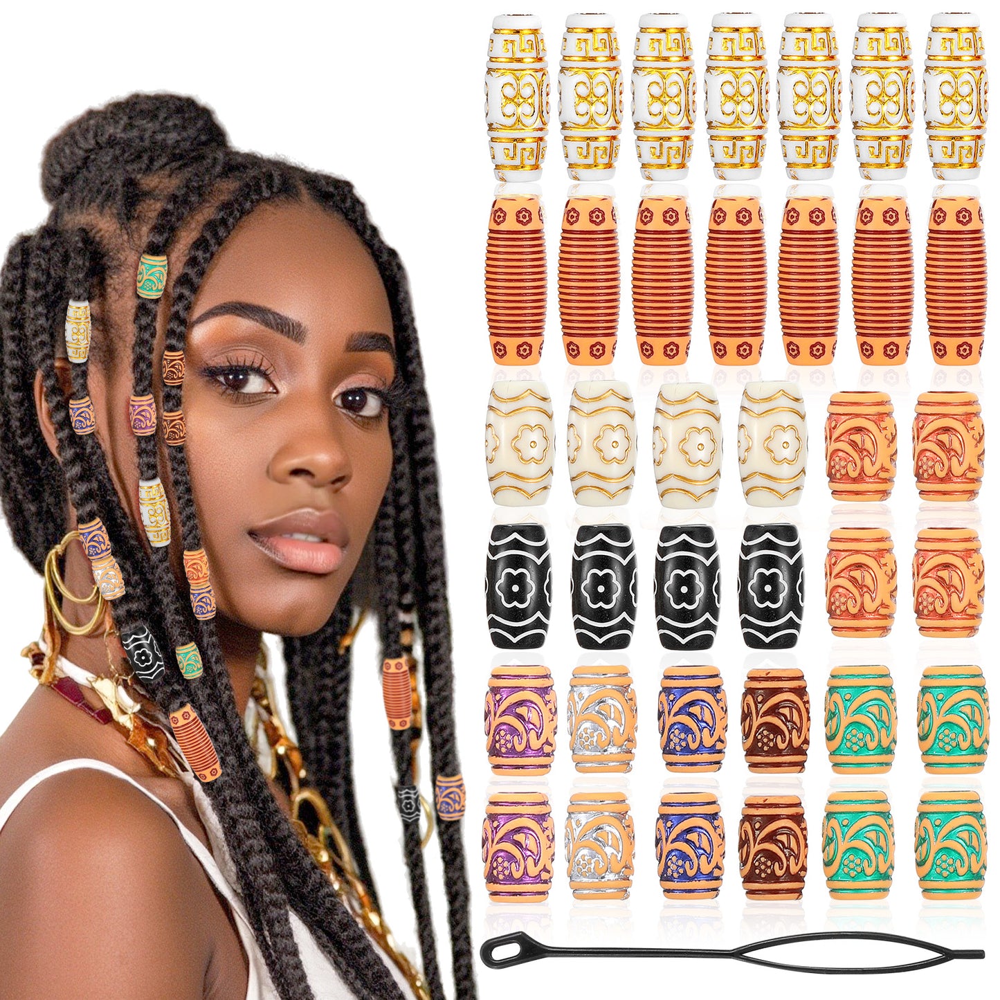 38Pcs Wooden Hair Beads for Braids and Dreadlocks, Loc Jewelry Bead for Black Women and Men, Multi Shape Beads for Necklace Bracelet Hair DIY Craft Handmade Decoration Dreadlock Accessories