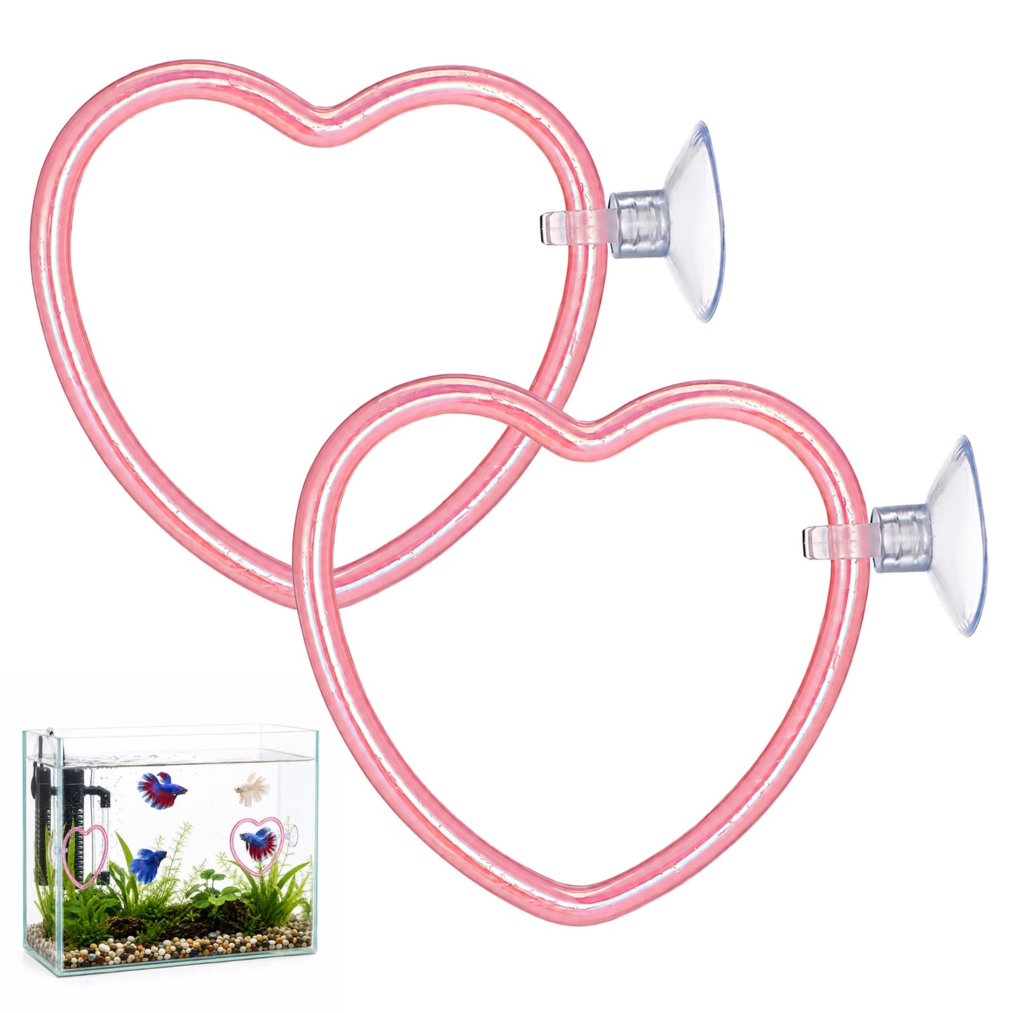 Chsoejuf 2PCS Pink Heart Betta Fish Tank Decor Accessories with Suction Cup