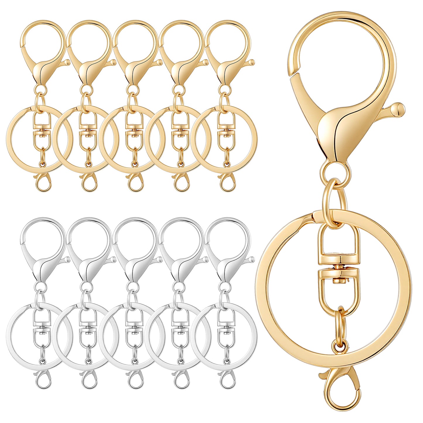 10 Pack Lobster Clasp Keychain Set Metal Lobster Claw Clasps and Key Rings Keychain Clips with Swivel Clip & Flat Split Lobsters Claw Clasps for Jewelry Making DIY Art Craft Accessories Silver Gold
