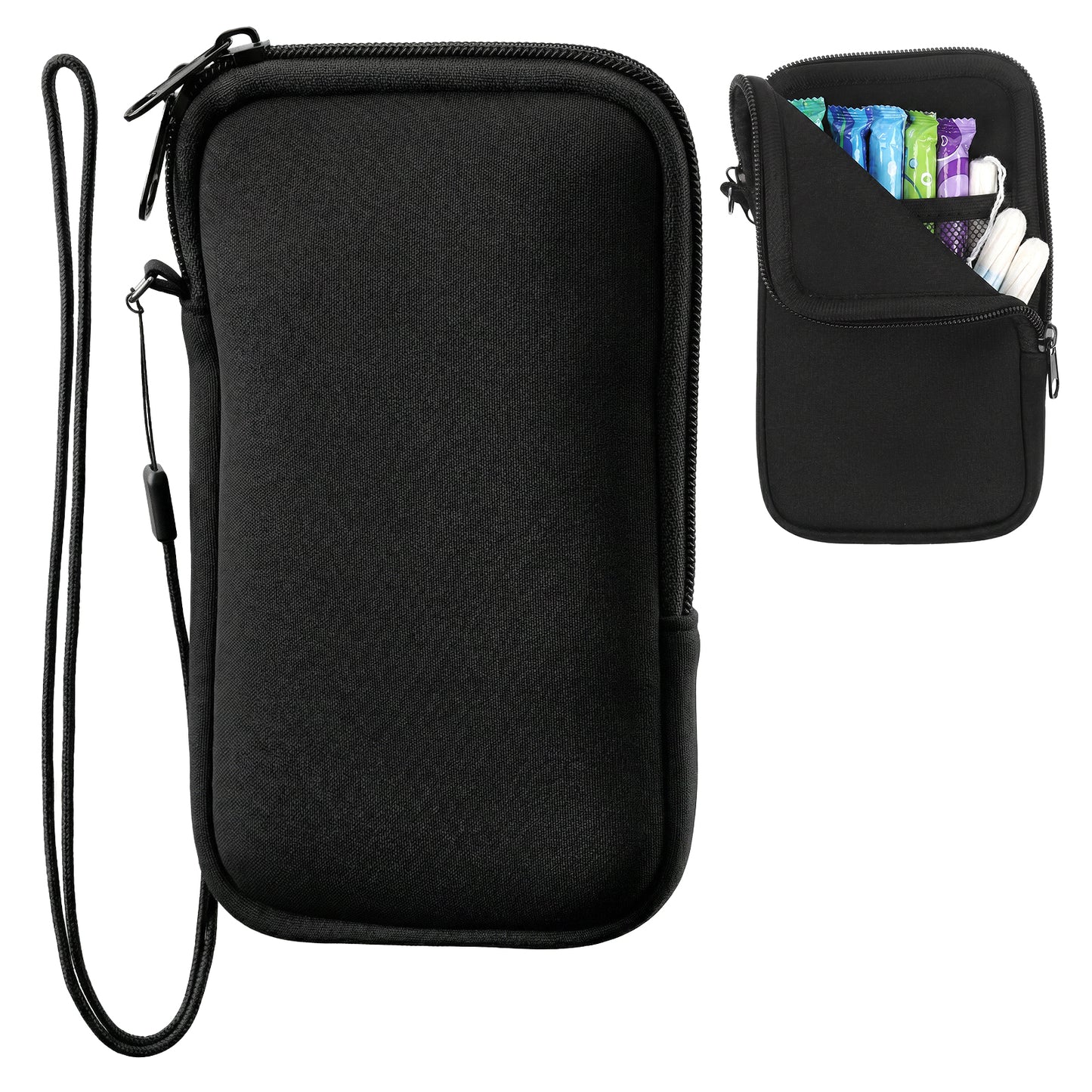 Tampon Holder for Purse Pouch Case Pad Portable Tampon Organizer Zippered with Snap Hook Storage Zipper Travel Discreet Period Bag Waterproof Friendly Feminine Products for Women (Black)