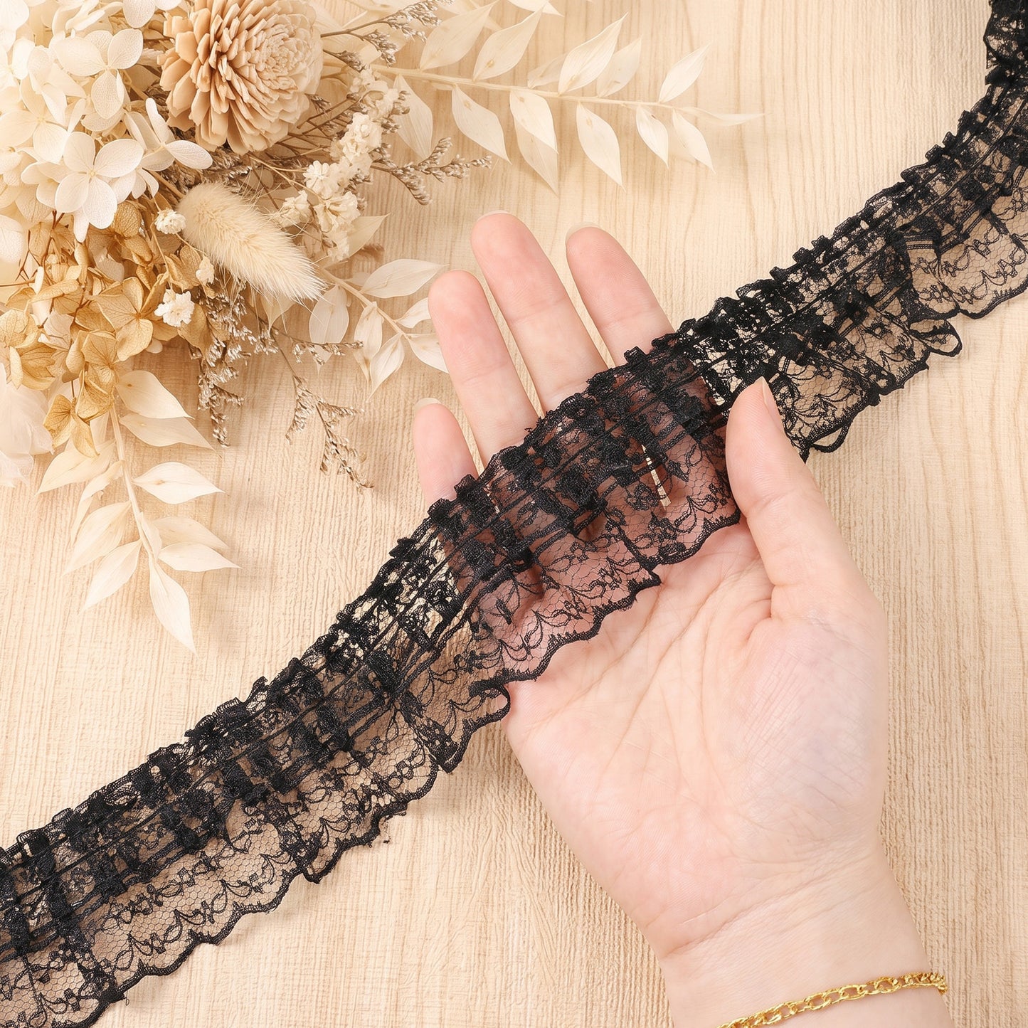 Shimmeroo 5 Yards Black Lace Trim, 1.7In Wide Ruffle Lace Fabric Ribbon