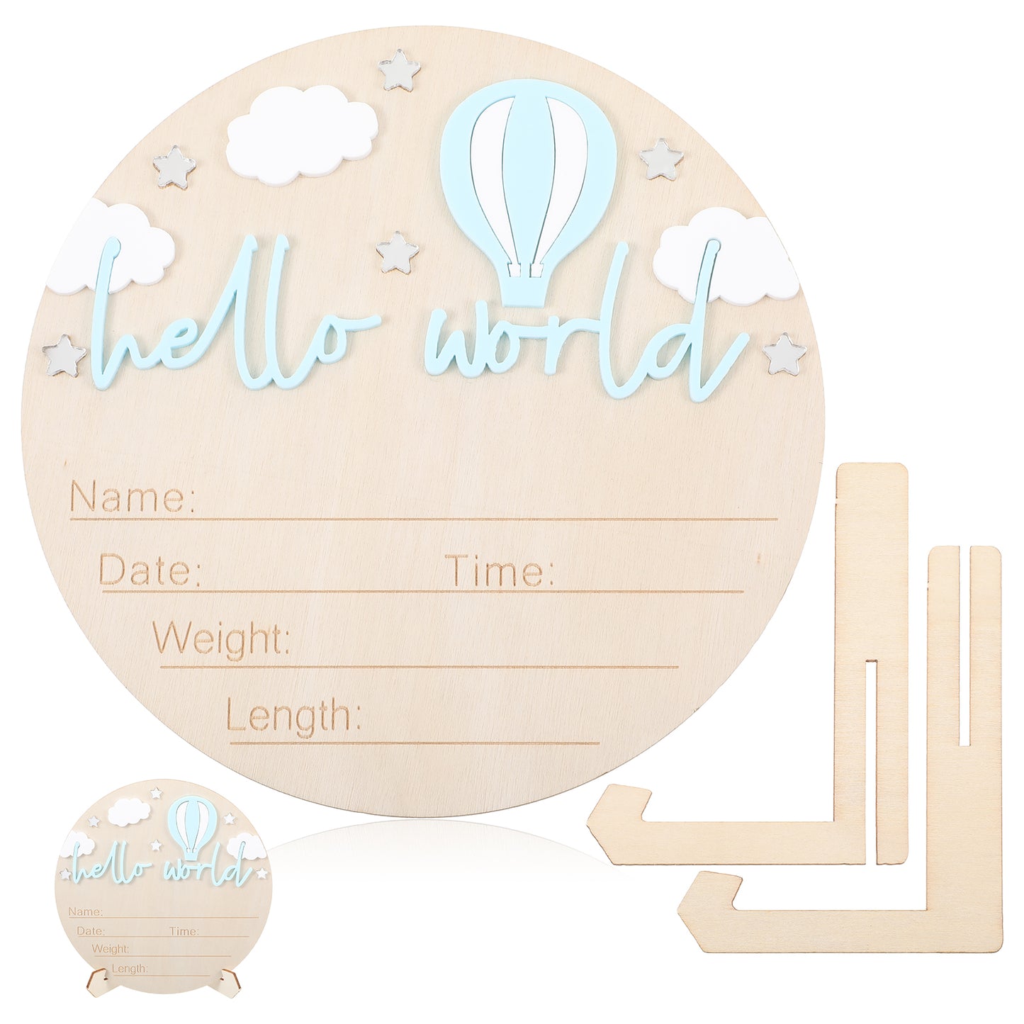 Personalized Baby Announcement Sign, 5.9 Inch Wooden Hello World Newborn Sign, Birth Name Announcement Board with 3D Pattern for Hospital Nursery, Baby Shower Photo Prop (Hot Air Balloon Blue)