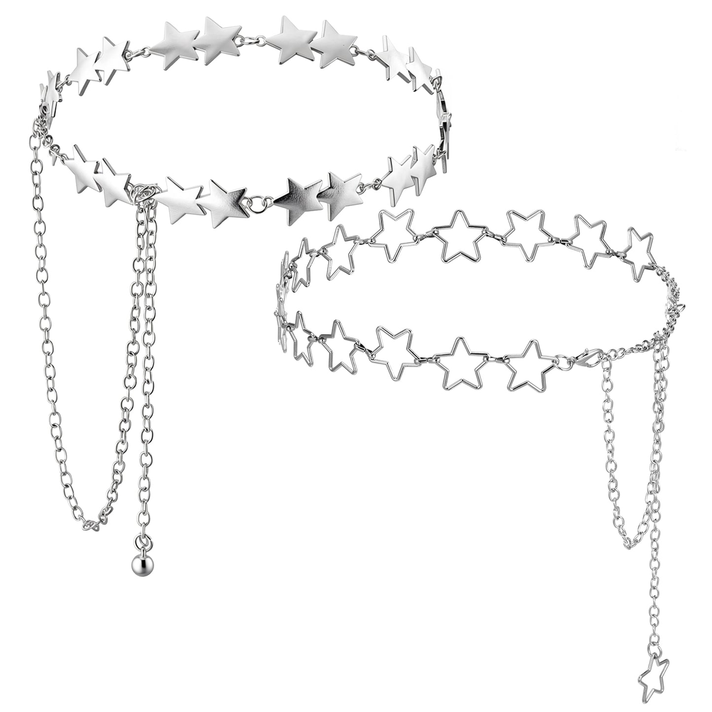 Nogeqi 2PCS Star Waist Chain Belt, Adjustable Silver Belt Chain, Decorative Metal Y2k Star Belts Accessories for Women Girls Pants Jeans Casual Dresses Skirts
