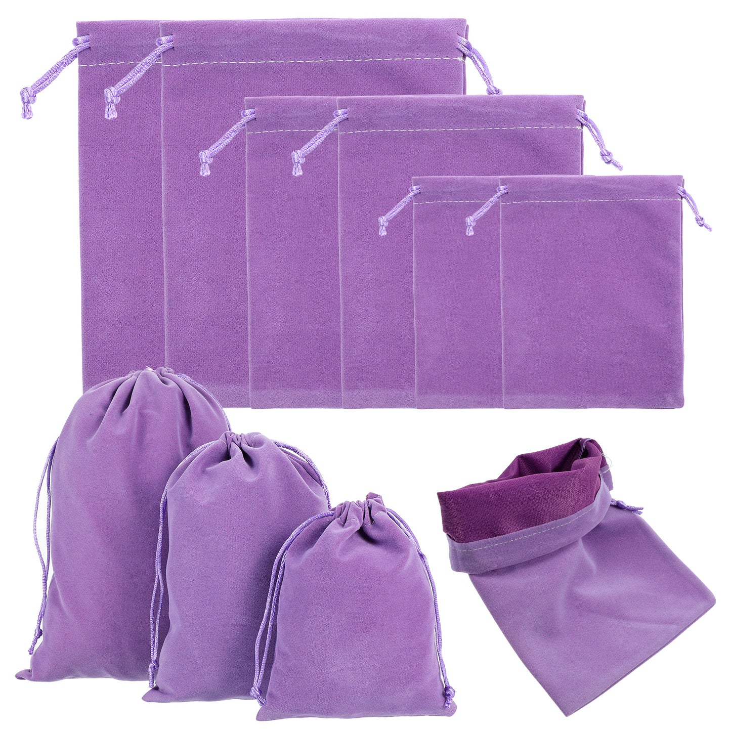 Tyqour 6 Pcs Satin Bags with Drawstring, Velvet Drawstring Pouches, 3 Sizes Multi Purpose Foldable Toy Storage Bags, Purple Series