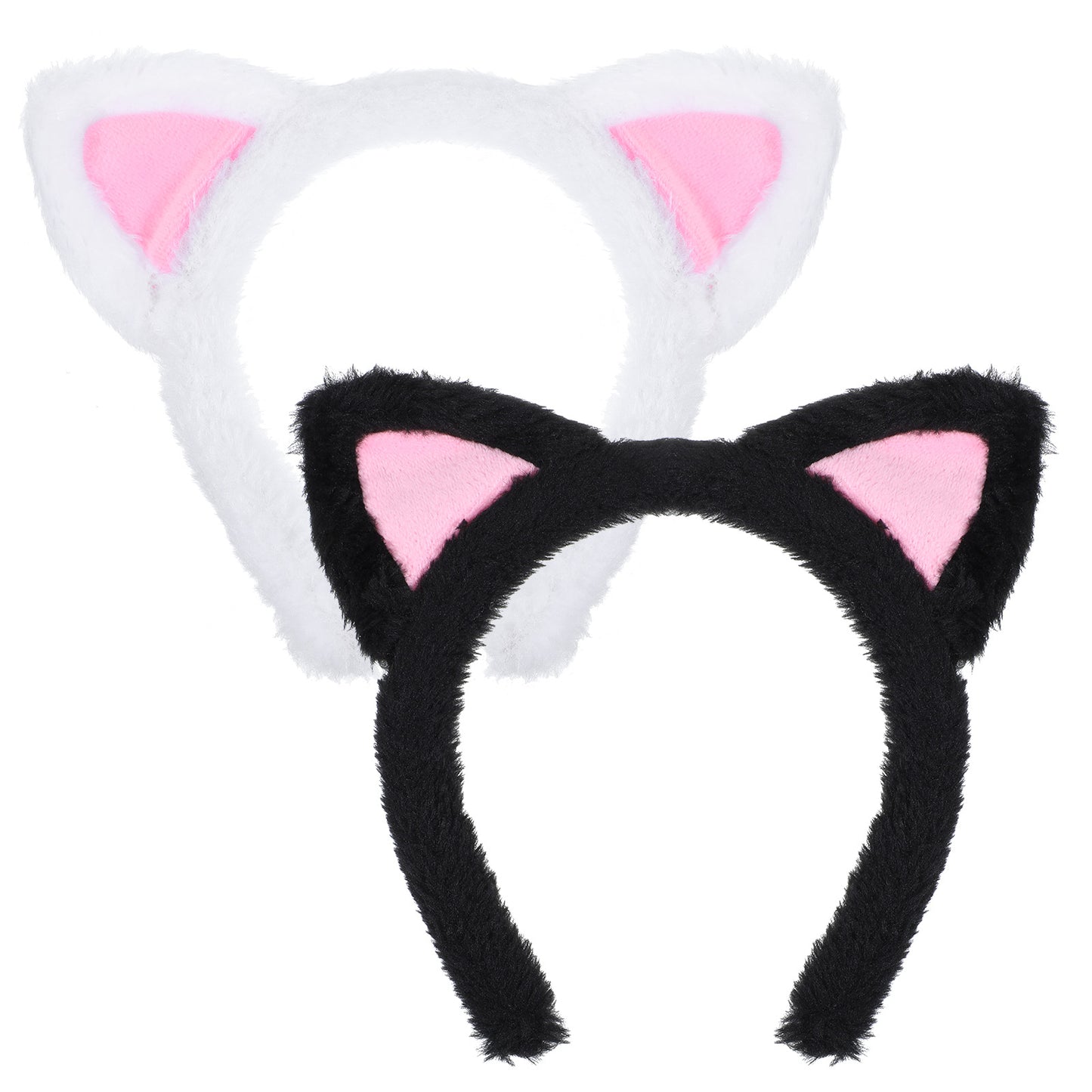 2PCS Cat Ears Headband, Black & White Cute Soft Washing Face Kitten Makeup Headband, Pink Inner Ears Plush Fuzzy Hairband Accessories for Mask Skincare Spa Yoga Adults Kids Halloween Parties Cosplay