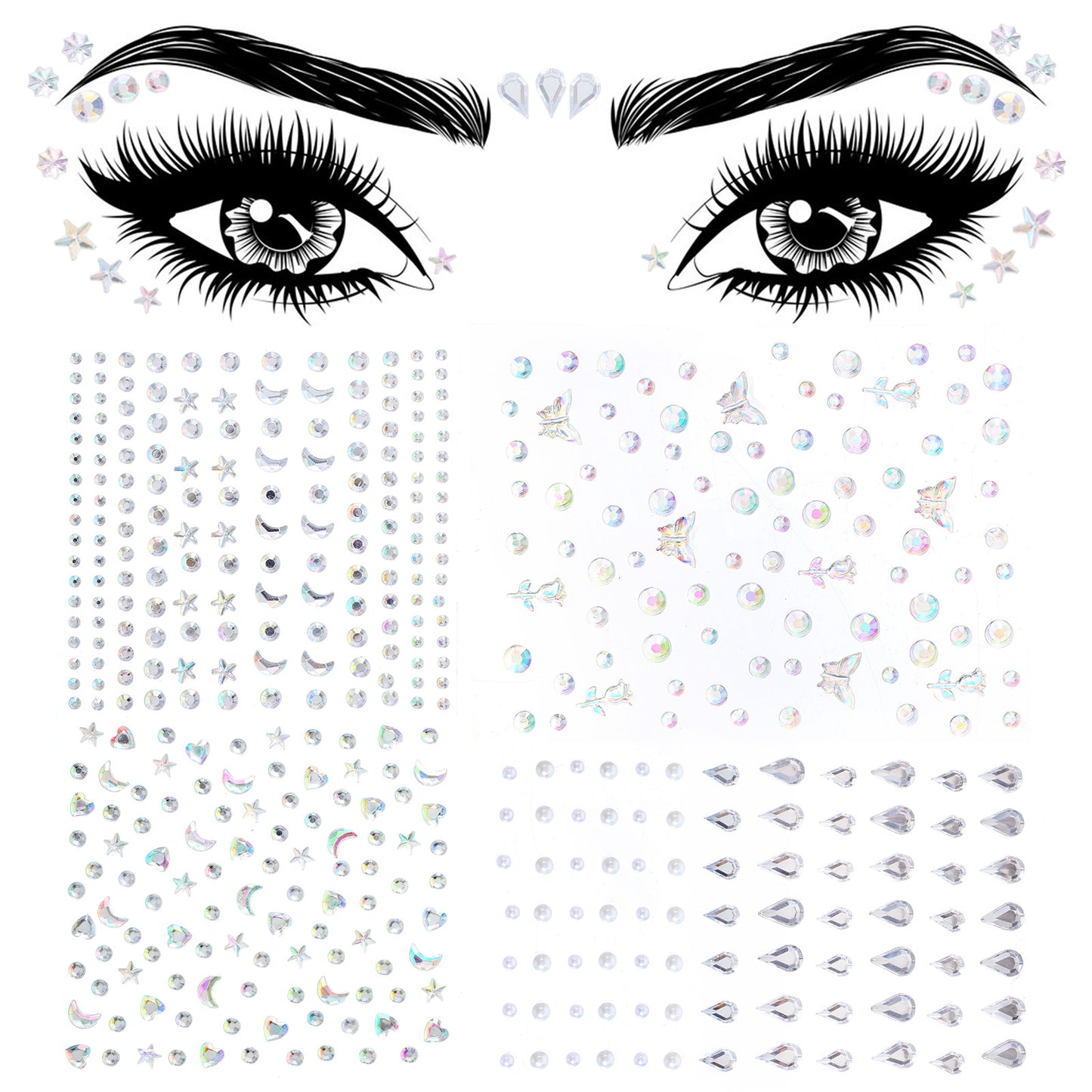 Nogeqi 4 Sheets Face Rhinestones Stick on, Makeup Rhinestones for Eyes, Acrylic Rhinestones for Face, Stars Moon Butterfly Water Drop Shapes Eye Gems for Face for Women and Girls