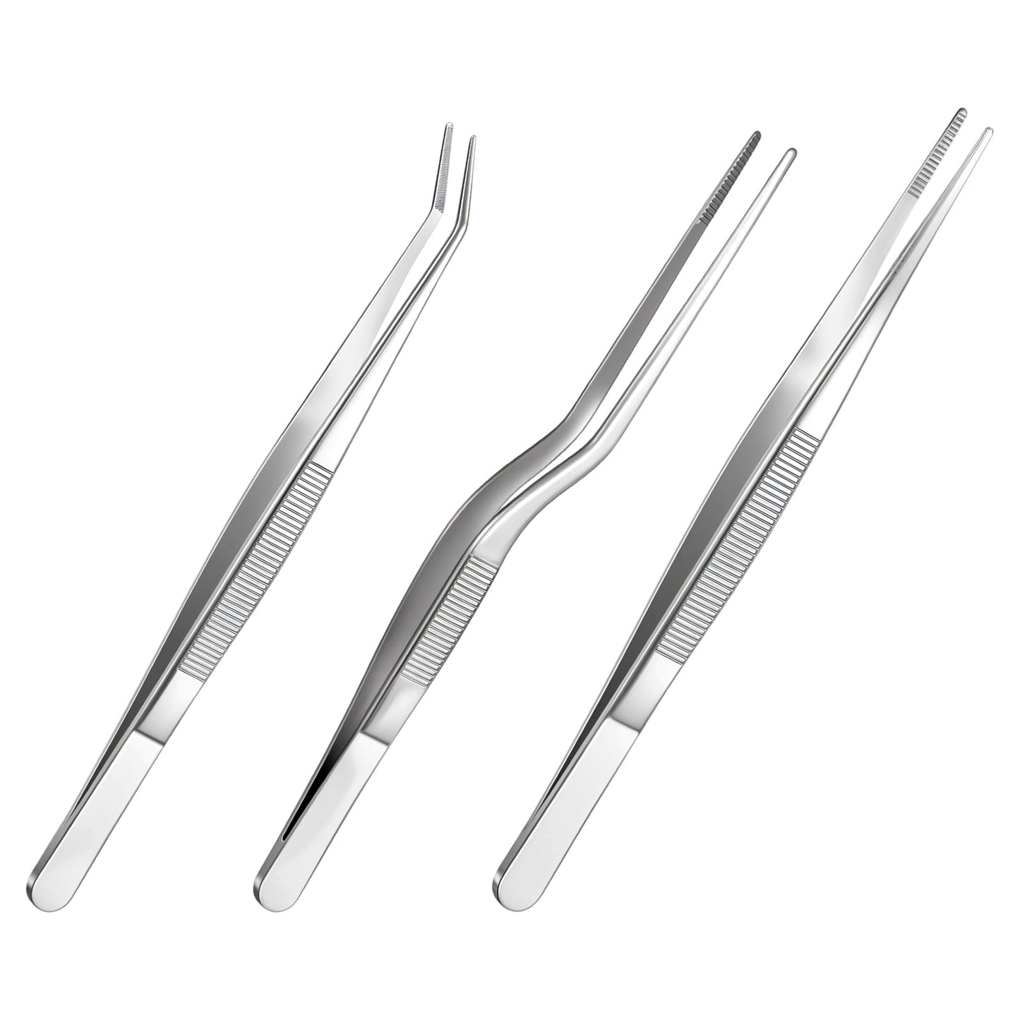 Nogeqi 3PCS Stainless Steel Tweezers Set, Long Tweezers for Plants Crafts, Multi-Purpose Tools for Small Gardening, Bonsai and Kitchen Use (6.18inches/6.5inches/6.5inches)