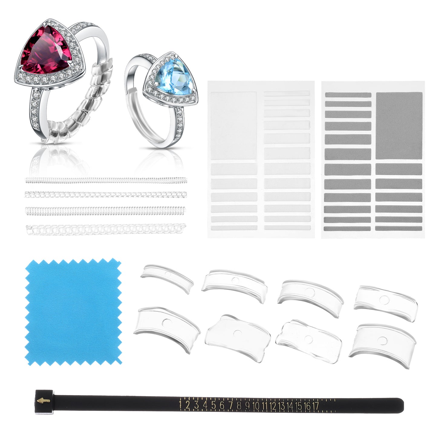 16Pcs Ring Sizer Adjuster for Loose Rings, Easy-Clip Ring Guard, Spacer and Tighteners for Men and Women Invisible Jewelry Size Adapter Reducer Resizer, Guards, Spiral Silicone Tightener Set