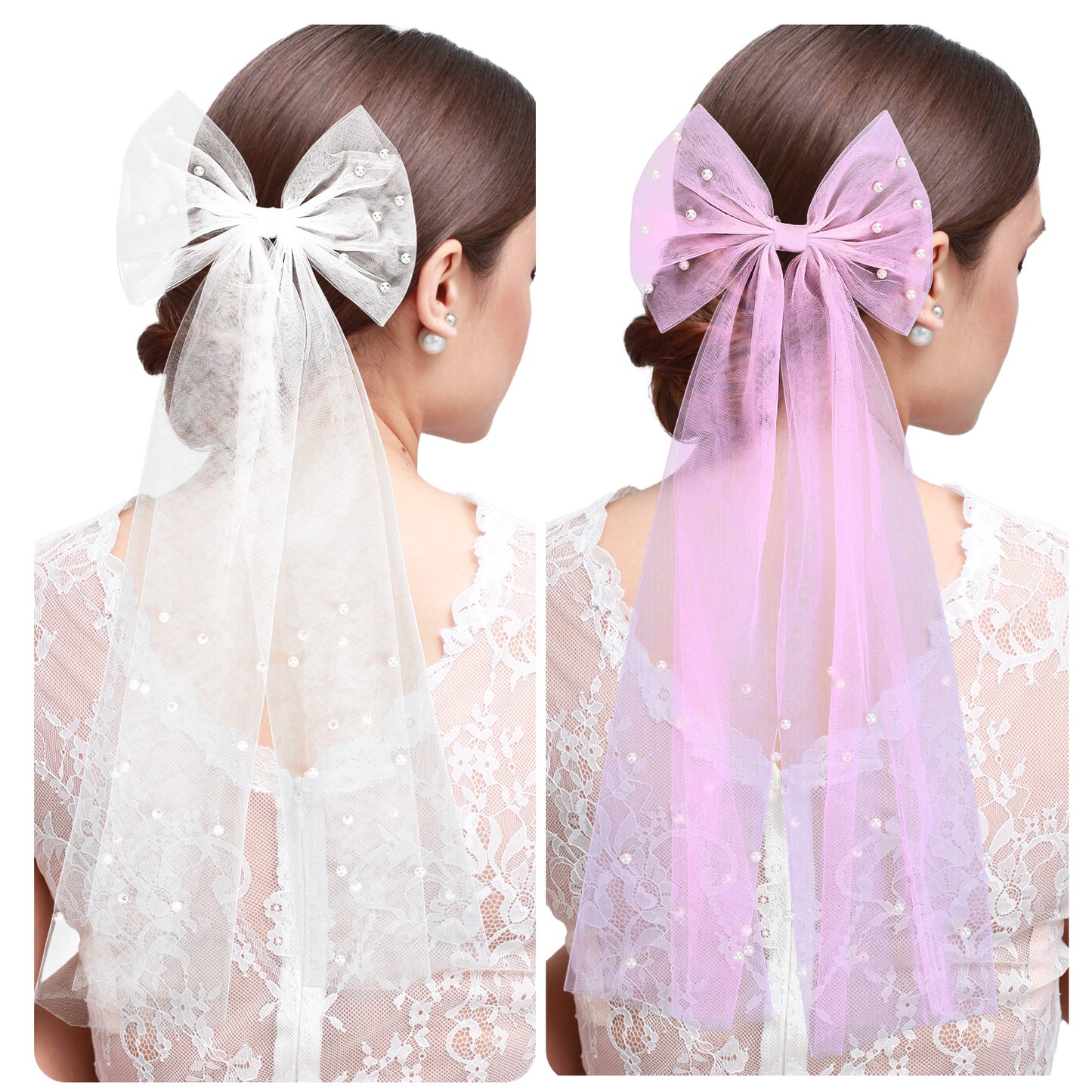 Ymapinc 2Pcs Elegant Bridal Veils for Women Wedding - Cathedral Bow Veil with White Pink Tulle and Acrylic Hair Accessories - Wedding Veils for Brides and Bachelorette Veil Party