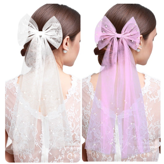 Ymapinc 2Pcs Elegant Bridal Veils for Women Wedding - Cathedral Bow Veil with White Pink Tulle and Acrylic Hair Accessories - Wedding Veils for Brides and Bachelorette Veil Party