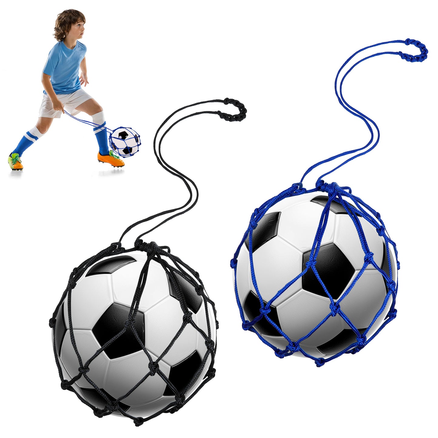 2Pcs Football Kick Trainer, Football Kick Trainer Net, Adjustable Kicking Throw Solo Practice Soccer Training Equipment, Single Ball Exercise Accessories for Size 3 4 5 Balls Beginners Enthusiast