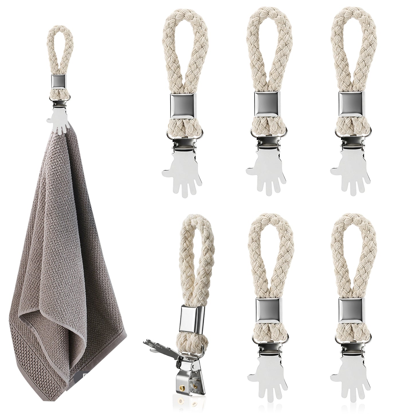 Ouligay 6PCS Hanging Tea Towels Clip, Metal Kitchen Towel Clips with Loop Cotton, Beige Kitchen Towel Hanging Clips Small Hook Clip Hangers for Home Bedroom, Bathroom, Cupboard Cloth Hanger Holder