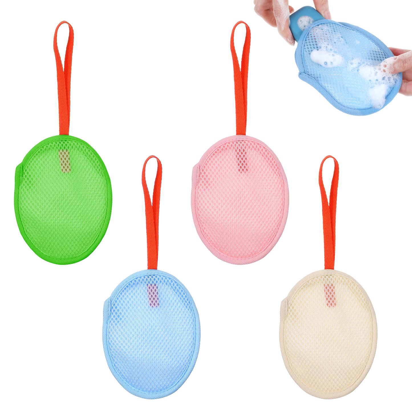 RAHHLIZS 4pcs Mesh Soap Bag Bar Soap Pouch Sack for Shower Net Soaps Pocket Exfoliating Soaps Loofah Pouch for Women and Men (Beige, Blue, Pink, Green)
