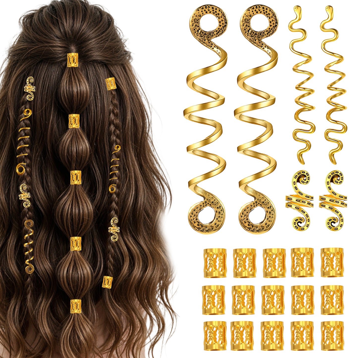 21 PCS Braid Accessories Spiral Hair Beads, Aluminum Gold Hair Cuffs Metal Loc Jewelry for Dreadlocks, Adjustable Hairs Rings Cuff Charms Hairs Decorations for Women Halloween and Everyday