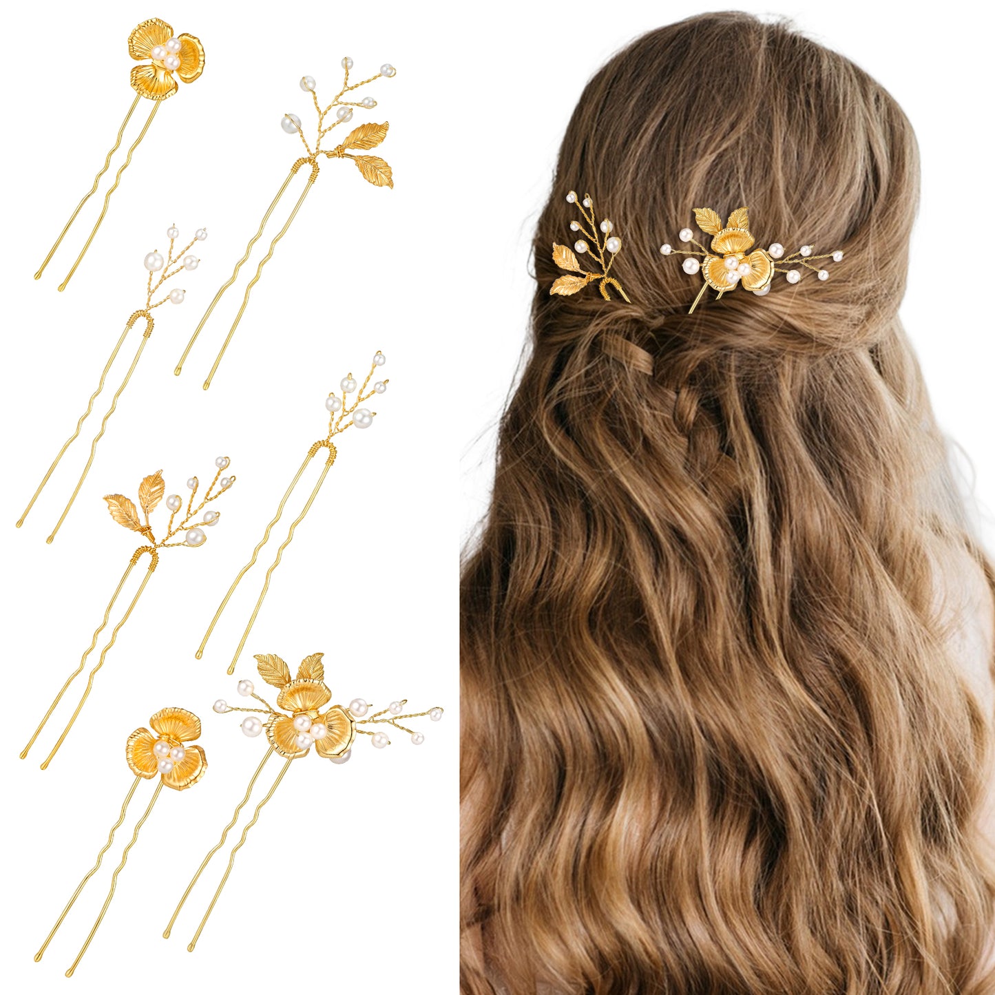 RAHHLIZS 7Pcs Gold Wedding Hair Pins Bridal Hair Pins Flower Pearl Hair Pin