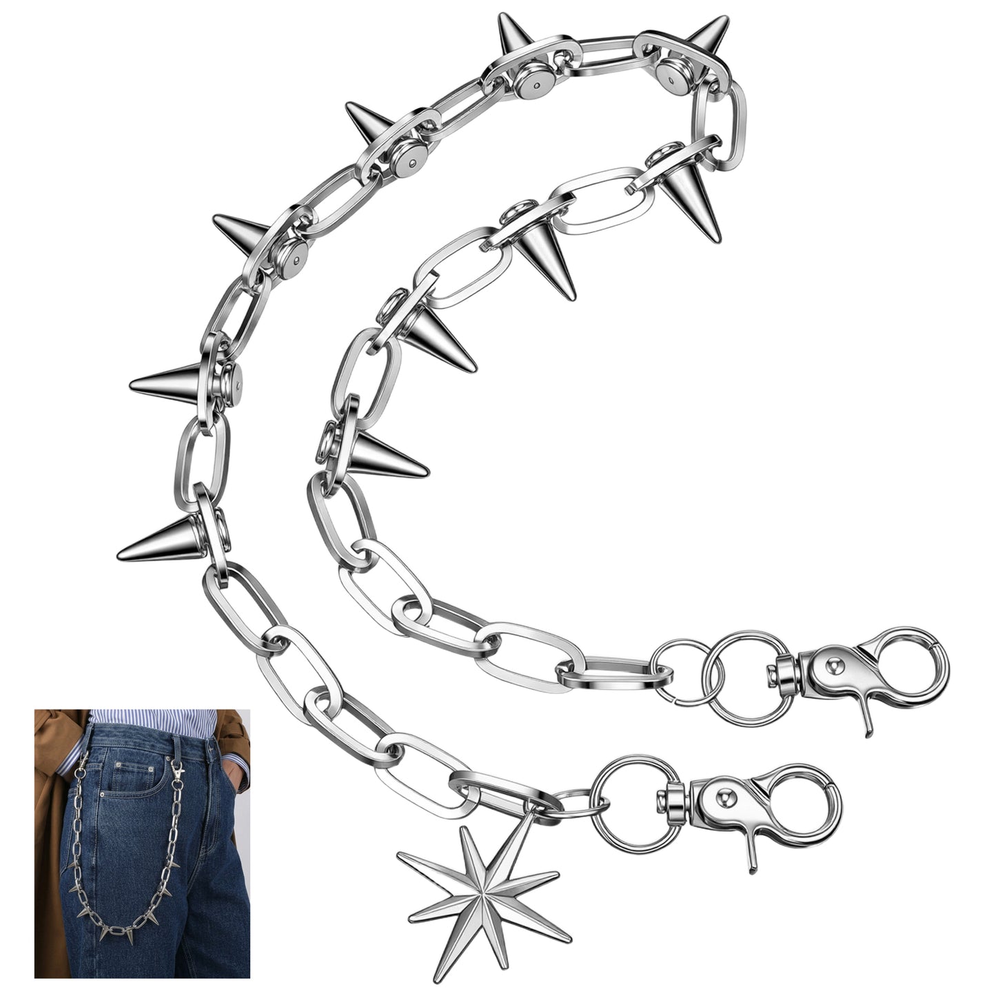Ouligay Punk Wallet Chains for Men Women Hip Hop Jeans Chain Heavy Duty Rivet Pocket Chain Goth Pant Trouser Chains for Lothing Accessories Silver