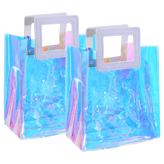 2 Pack Holographic Small Gift Bags Clear Gift Bags with Handles 7.9 * 7.1 * 3.9 Inch With Handles for Women Reusable Tote PVC Handbags Waterproof Gifts Wrap Shopping Bag for Wedding Birthday Party