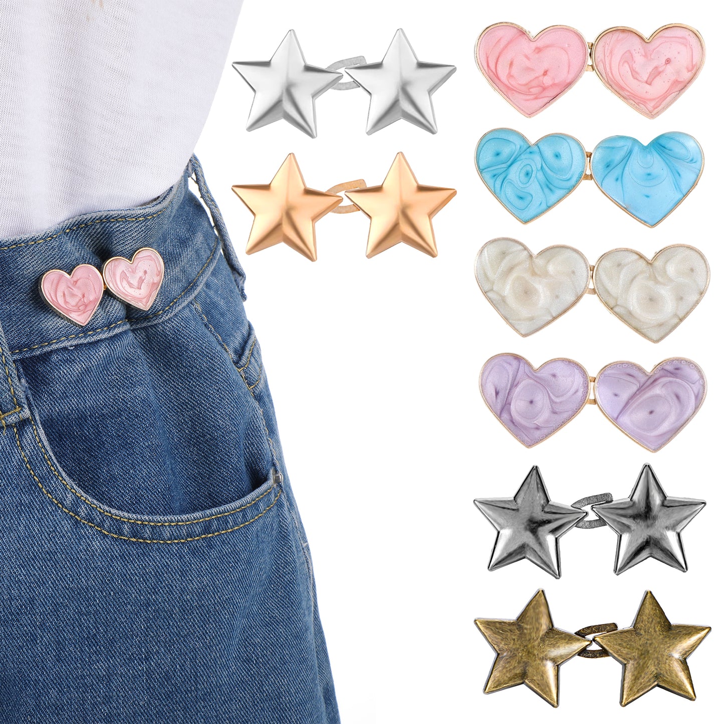 Shimmeroo 8PCS Pant Waist Tighteners for Women, Adjustable No Sewing Waist Adjuster, Heart & Star Shape Belt Clips for Jeans Pants, Tighten Buckle Pin Set