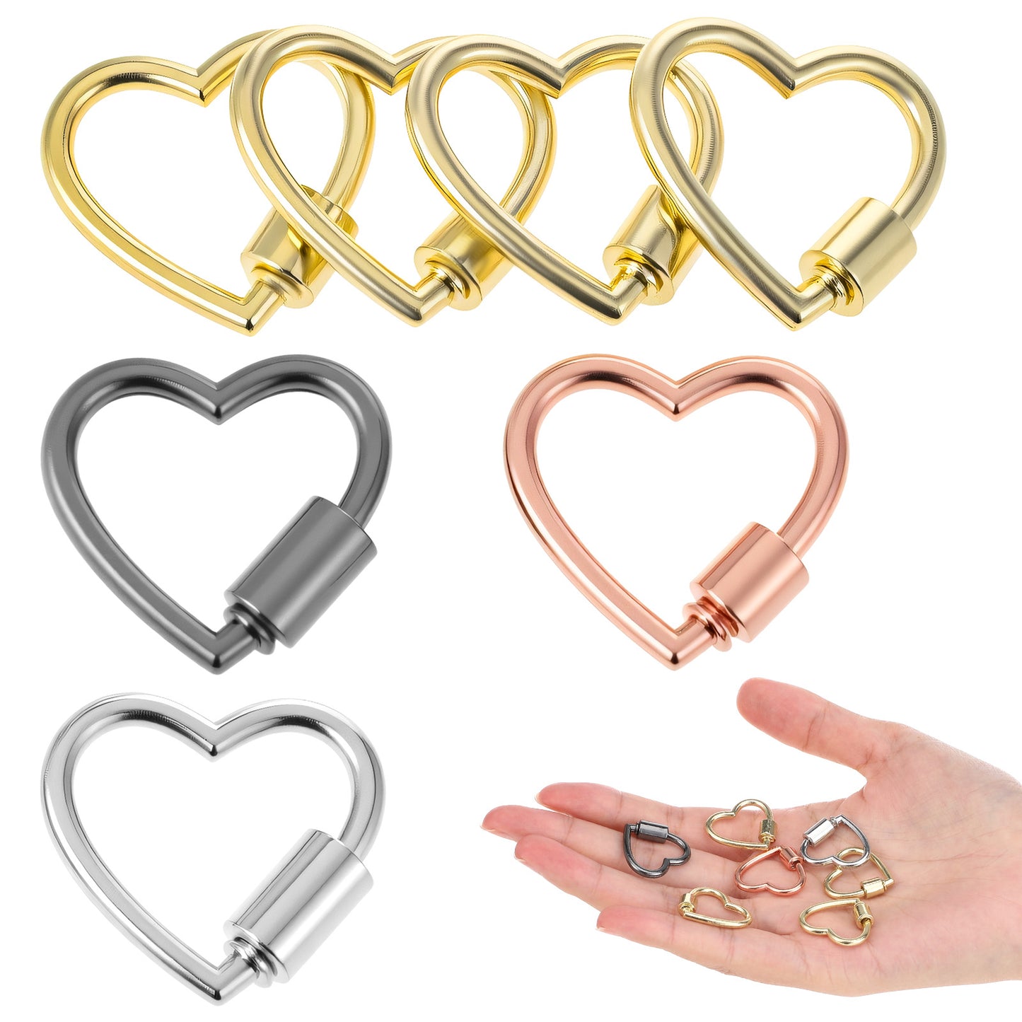Nogeqi 7 Pcs Heart Carabiner Clip Cute Small Locking Carabiners Heart Shaped Screw Lock Carabiner Keychain Clip Multi-Function for Keys Camping Hiking Fishing Traveling (Gold, Silver, Black)
