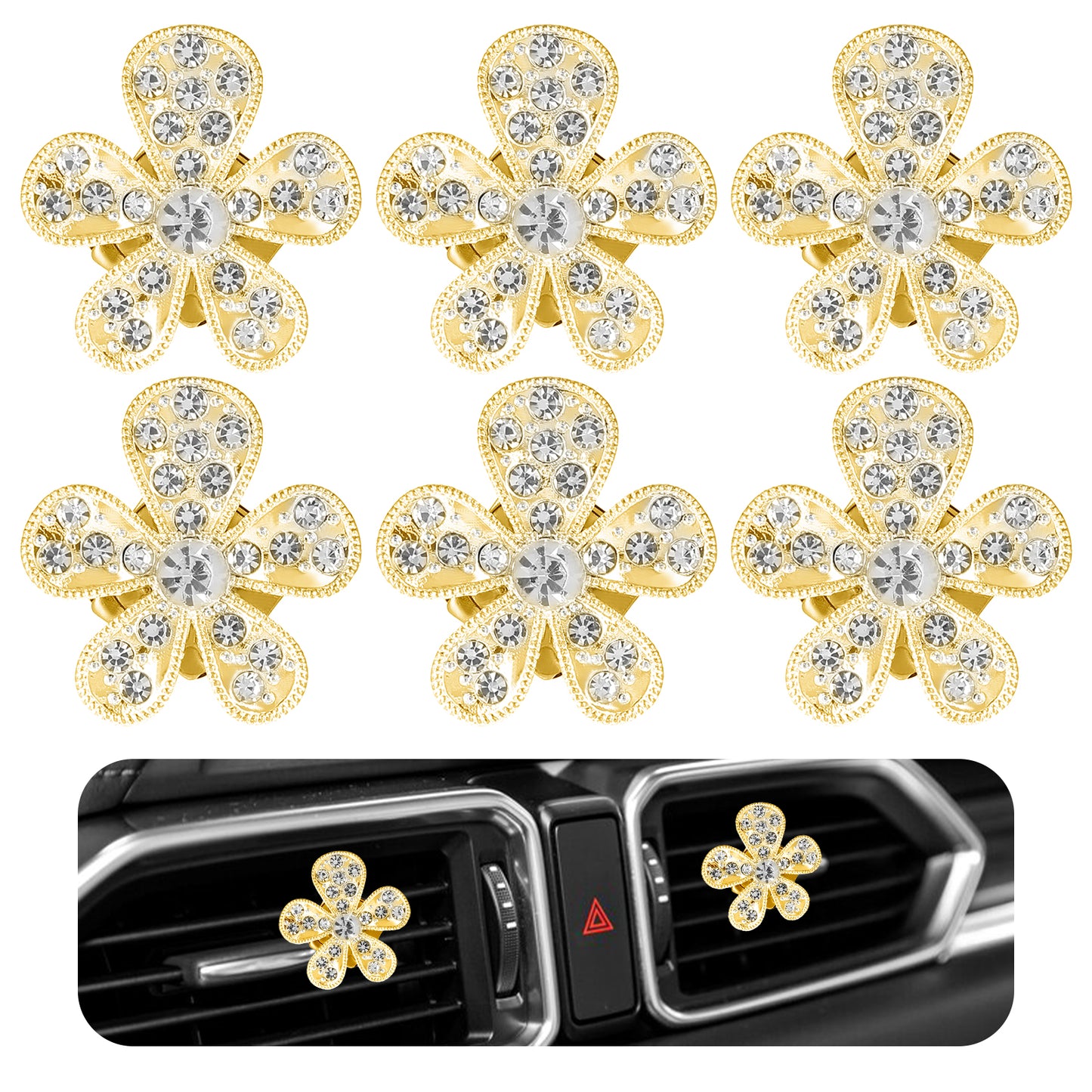 Tyqour 6Pcs Bling Daisy Air Vent Clips, Cute Flower Bling Car Vent Clips, Diamond Car Diffuser, Rhinestone Car Interior Decoration Charm, Bling Car Accessories for Women Girls(Gold)