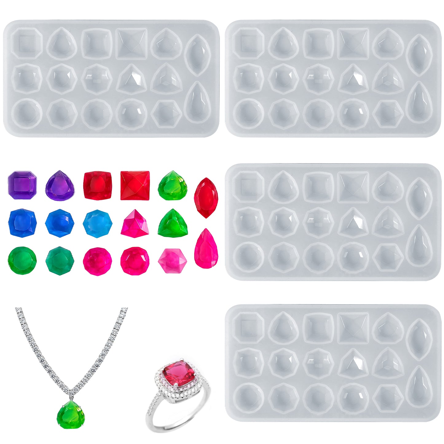4pcs Resin Jewelry Molds,Jewelry Casting Molds,Faceted Gemstone Silicone Tools for Making DIY Crafting Necklace Earring Pendant Studs Jewellry Epoxy Crafting Projects Silicone Gummy Candy