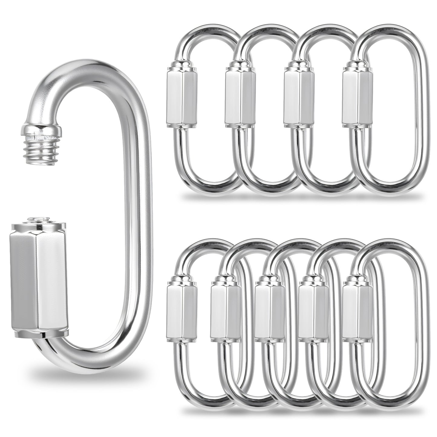 10PCS 304 Stainless Steel Quick Link Chain Connector Clips Threaded Locking Carabiner, Heavy Duty D Shape Quick Links Screw Carabiner Clip, Safety Chain Hooks 1.5"