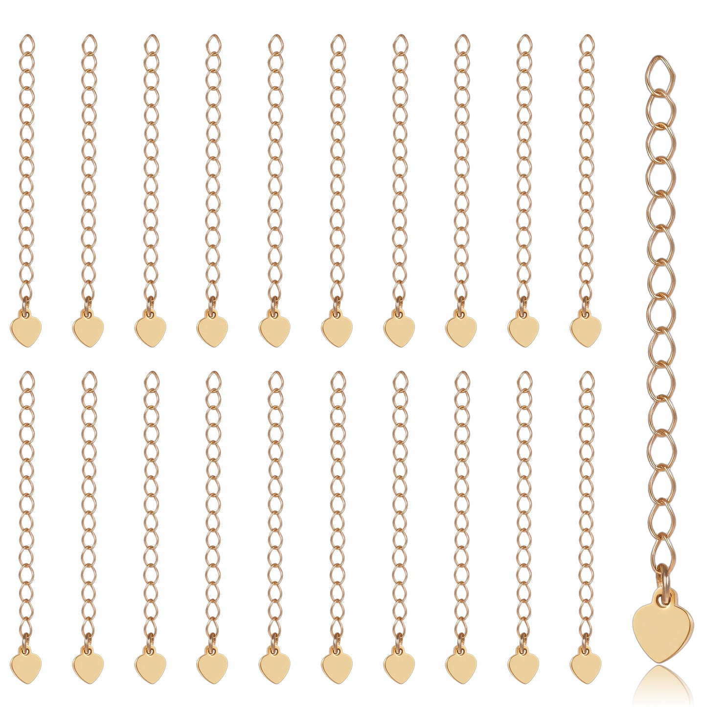 Sorcristy 20PCS Gold Necklace Extender, Necklace Extenders Gold with Heart Chain, 18KGold Plated Tail Chains 55mm Extender Chain for Jewelry Making, GoldChains Extenders for Necklaces, Bracelet