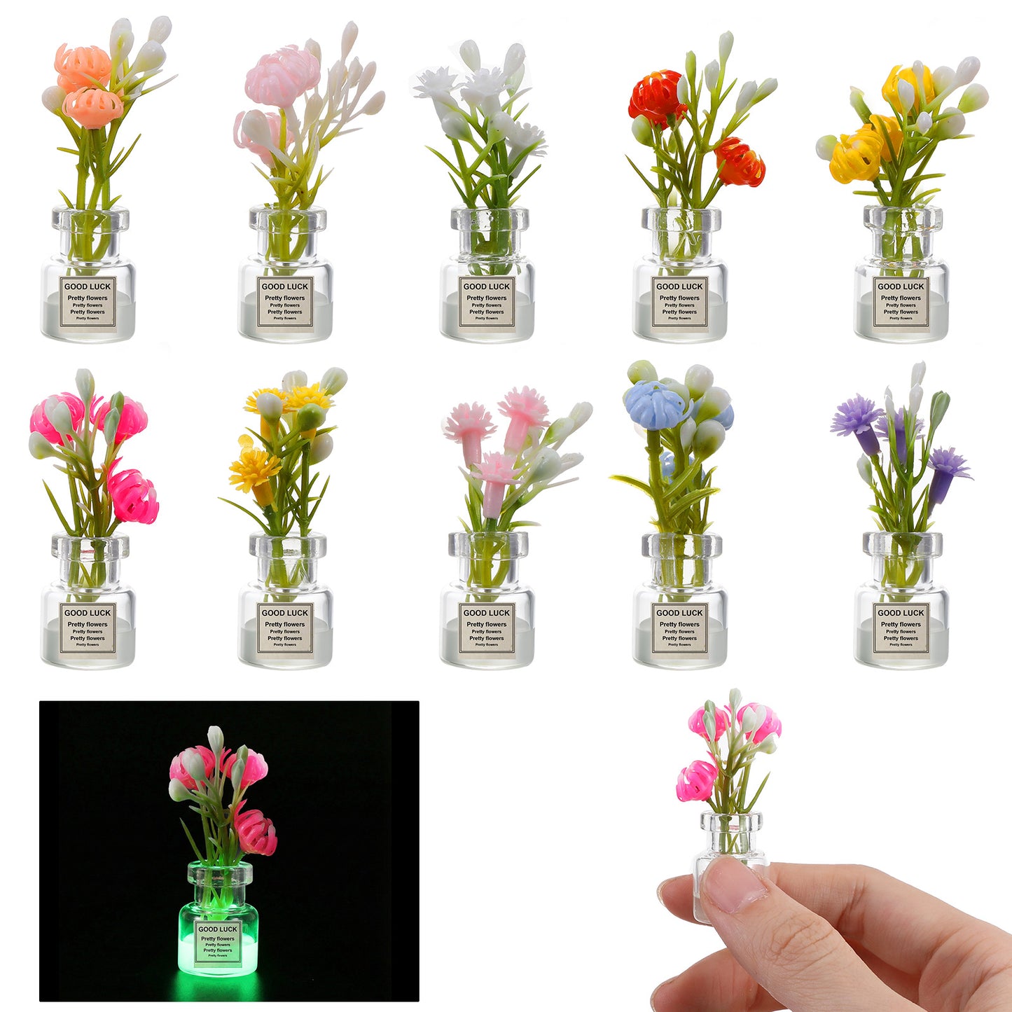 10 Pcs Miniature Dollhouse Plant Flowers Set Tiny Small Glow in The Dark Glass Vase Flowers Plant House Decor Faux Flower Model for Tiny Houses Micro Landscape Train Platform Fairy Garden Accessories