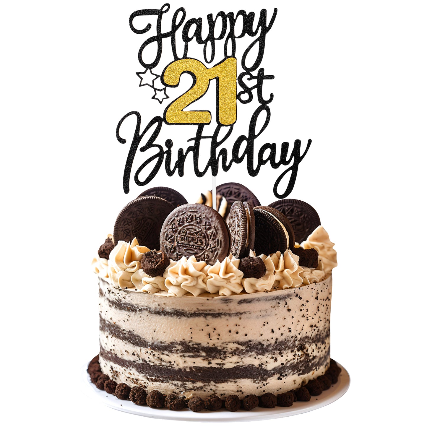 Nogeqi Glitter 21st Birthday Cake Decorations, Happy 21st Birthday Cake Topper for Birthday Anniversary Party Supplies (Black, Gold)