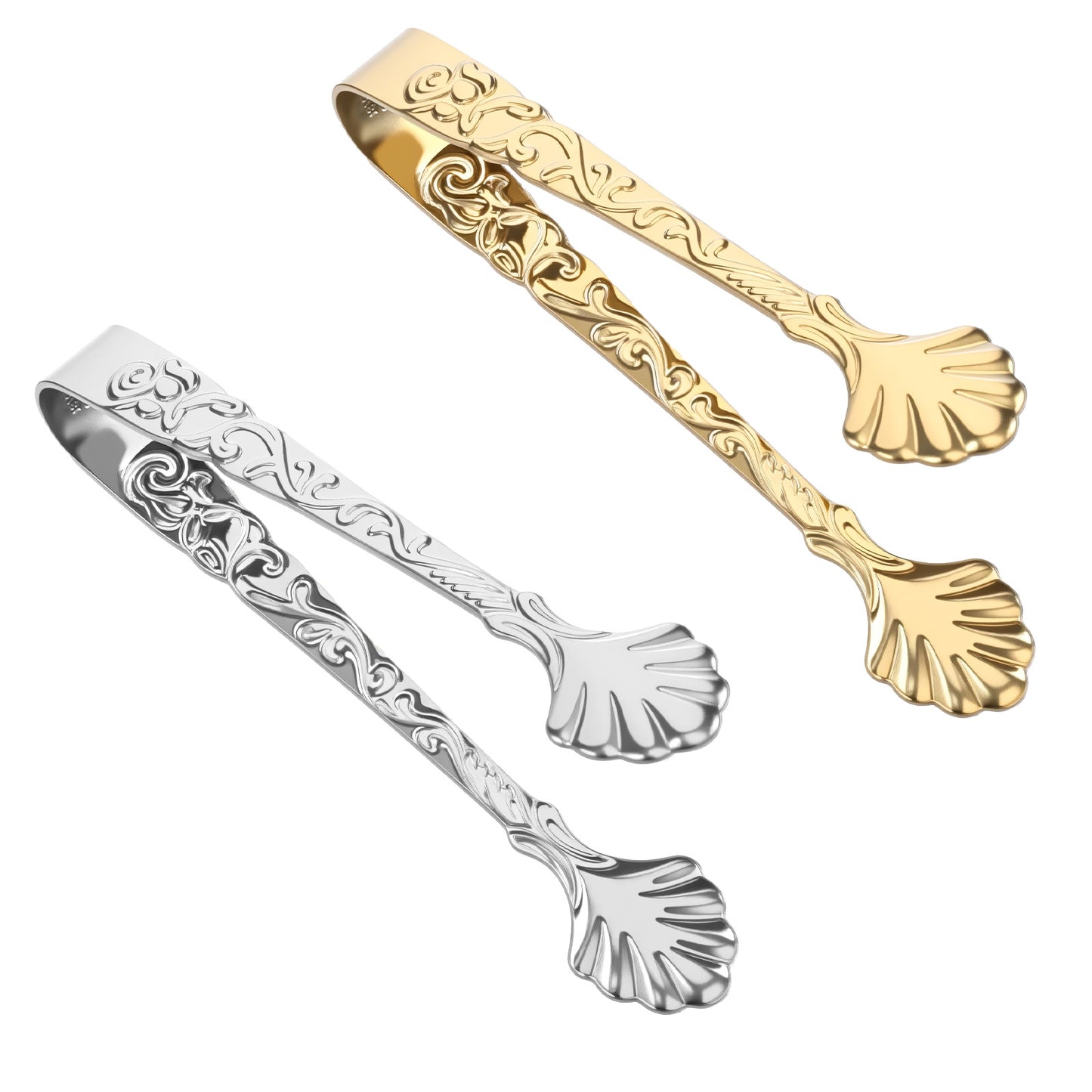 2Pcs 304 Stainless Steel Sugar & Ice Tongs,Ymapinc Rose Relief Handle Mini Tongs, Gold & Silver Vintage Small Serving Tong for Sugar Cubes Tea Coffee Appetizers Desserts for Salad Food