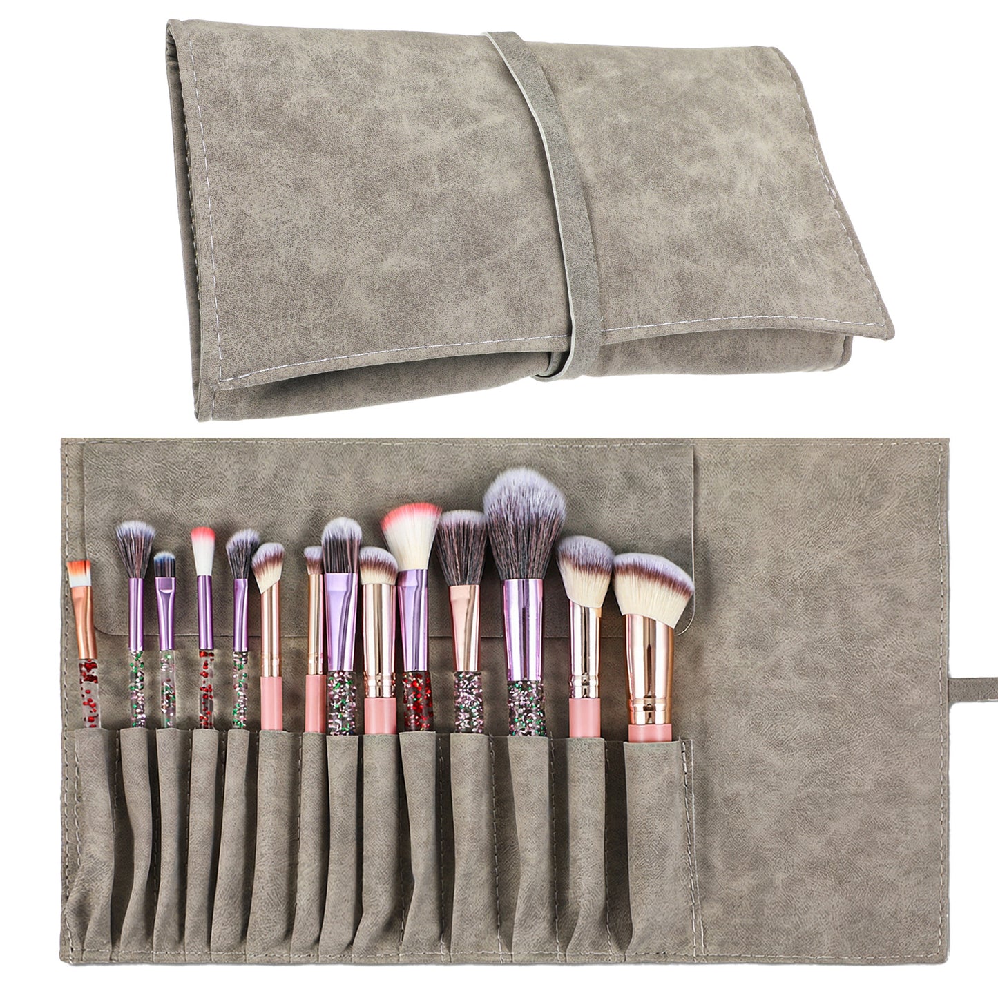 Xinjoduz 1 PCS Makeup Brush Holder Organizer, PU Leather Travel Makeup Brush Case Roll Up Pouch Cosmetic Bags for Women Cosmetic Brushes Make Up Artist - Brushes Not Included (Gray)