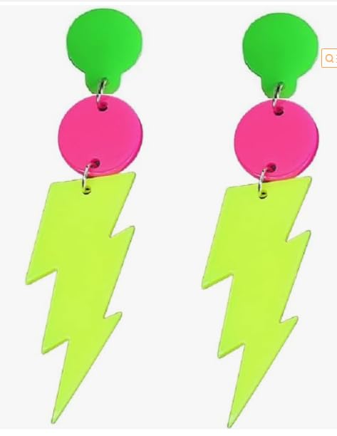 Tyqour 2Pcs 80s 90s Neon Earrings for Women Hollow Lightning Bolt Earrings Colorful Drop Earrings Neon Accessories for 80's Outfit Glow Party Earrings, Yellow, No Gemstone