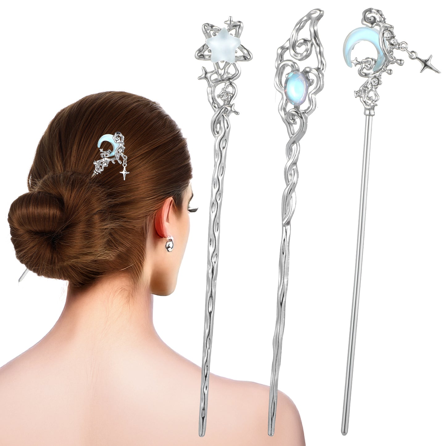 3 PCS Hair Chopsticks Chinese Hair Pins Star Moon Hairs Sticks Long Metal Silver tousle Stick Long Hairs Chinese Hanfu Asian Vintage Chopsticks for Women Girls Gifts (Blue Silver)