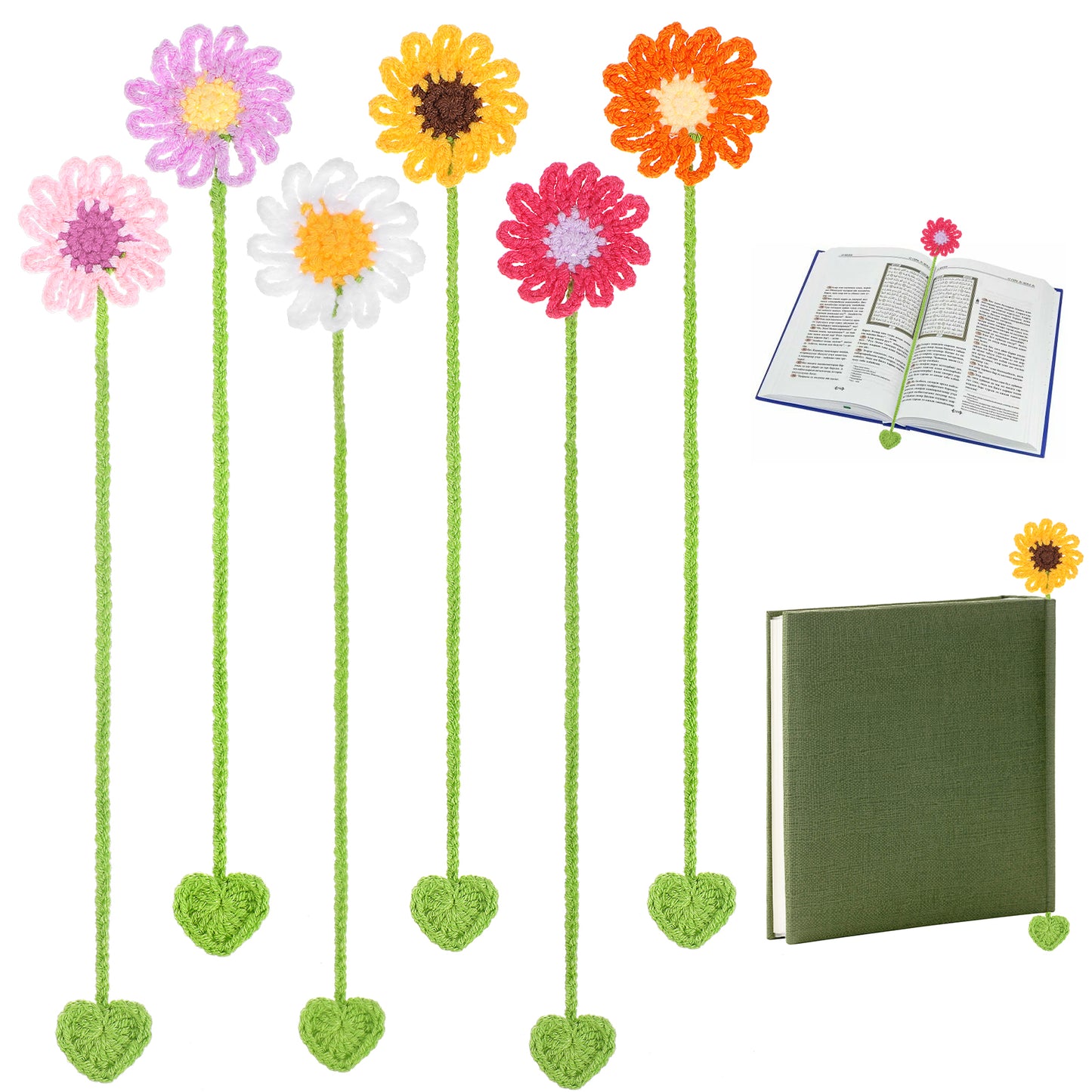Mabor 6Pcs Crochet Bookmarks, Personalized Handmade Flower Bookmark for Women Book Lovers Sunflower Daisy Floral Book Marker Knitted Page Holder