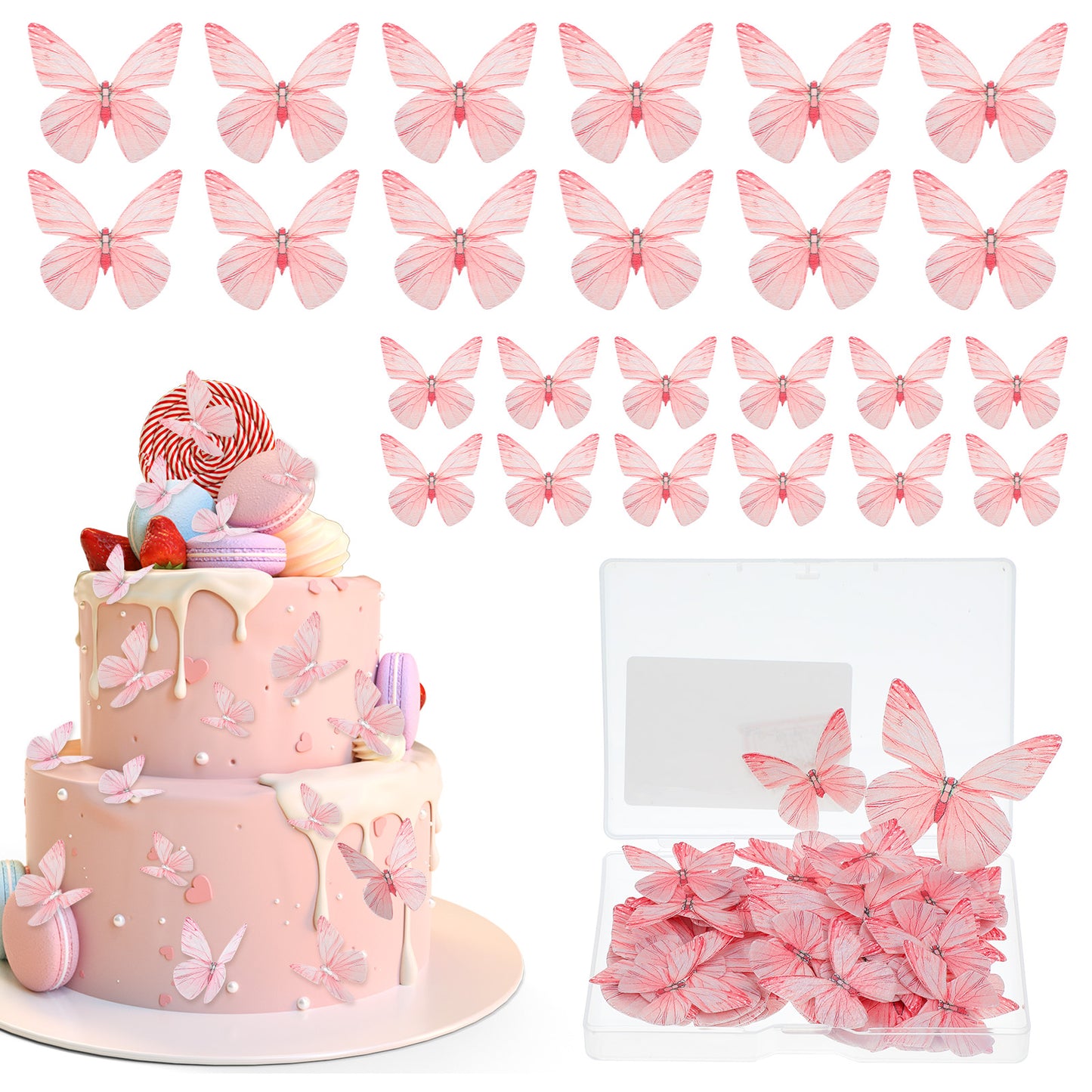 72Pcs Edible Butterfly Cupcake Toppers Butterfly Cupcake Picks Cake Toppers Decorations for Theme Baby Shower Kids Birthday Party Cake Supplies Pink