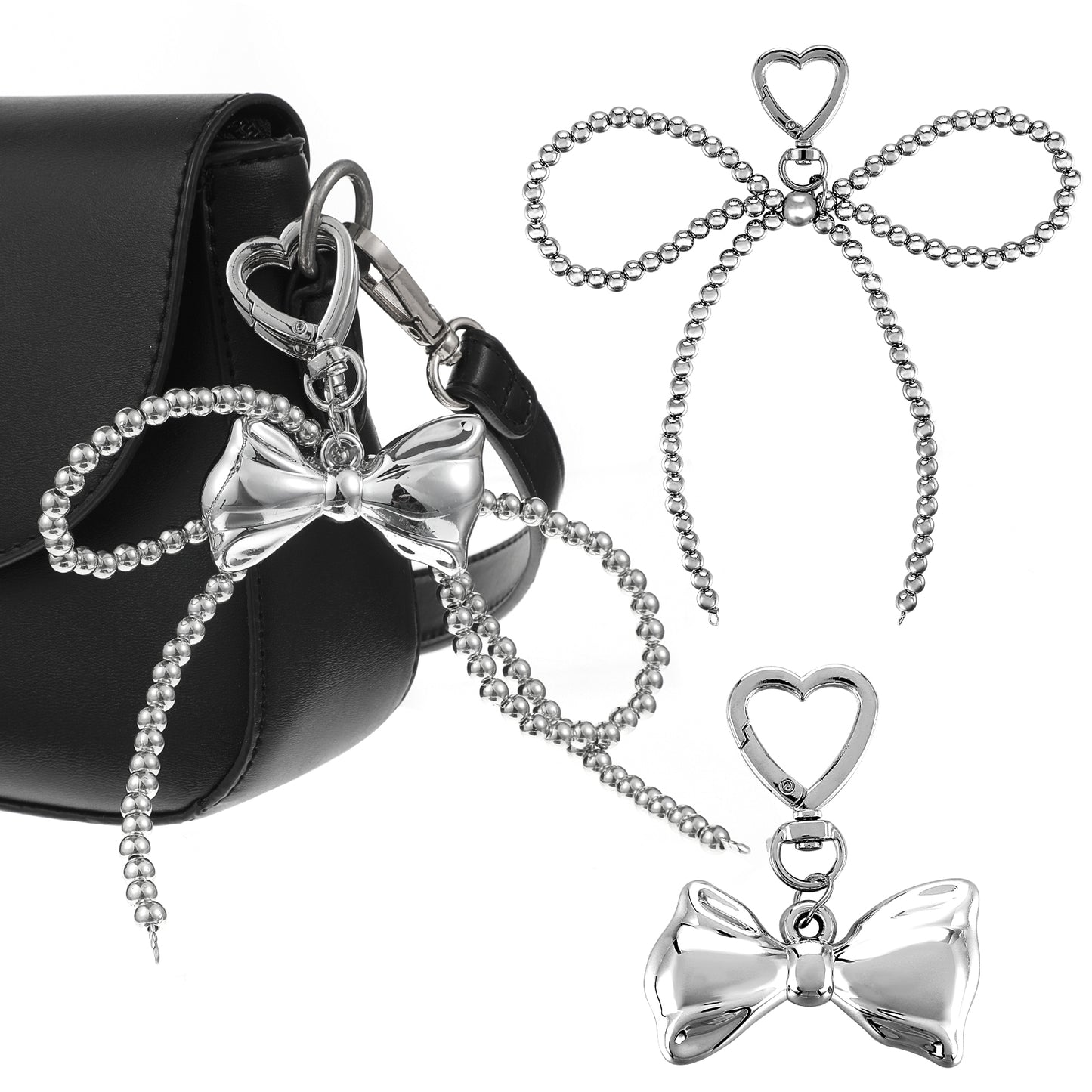 Shimmeroo 2Pcs Bow Keychain Charms,Silver Bag Charms for Handbags Cute Ribbon Bowknot Purse Charm Kawaii Key Chains Keychain Accessories