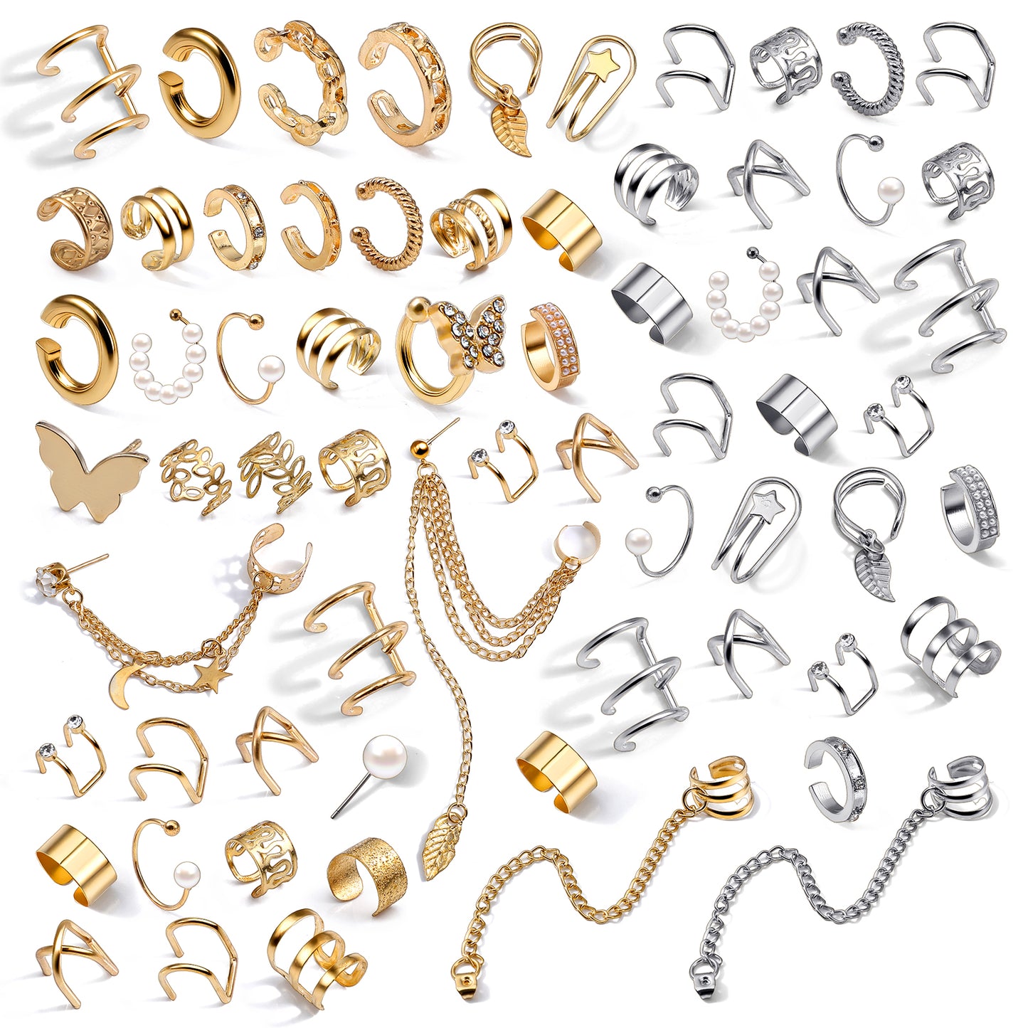 Nogeqi 66 PCS Ear Cuff Earrings for Women Non Piercing Fake Earring Helix Cartilage Earring Cuffs Non Pierced for Sensitive Ears Pearl Butterfly Ear on Wrap Earrings Set (Gold/Silver)