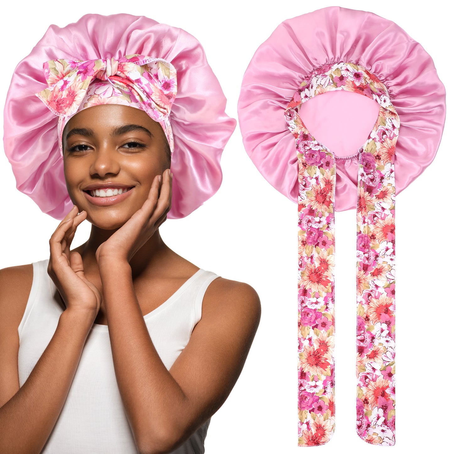 Tyqour Silk Bonnet with Tie Curly Hair Bonnet for Sleeping Double Layer Satin Sleep Bonnet Adjustable Satin Hair Wrap Night Sleep Caps for Women(Pink)