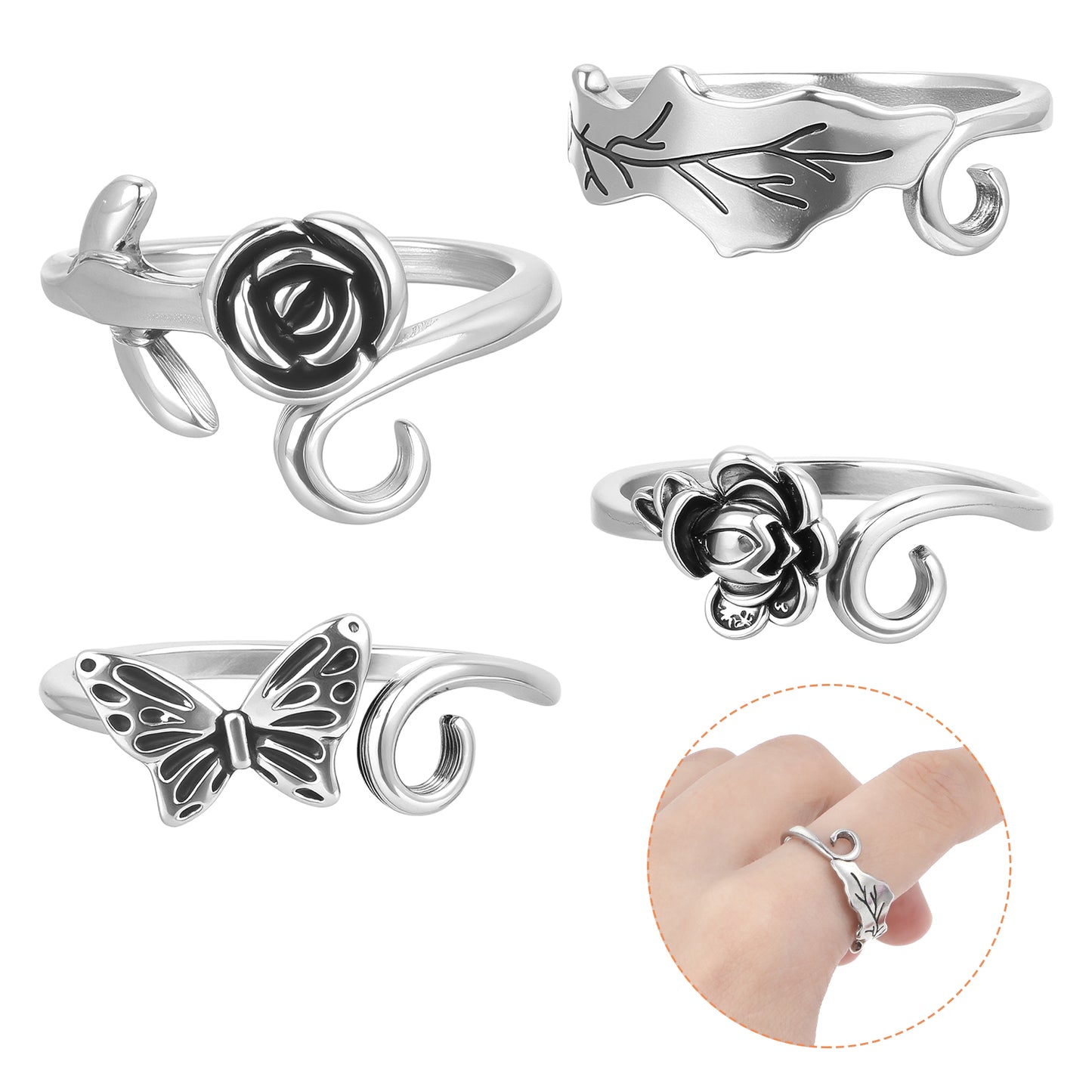 4 Pcs Crochet Ring for Finger Adjustable Crochet Tension Ring 4 Styles Finger Crocheting Hook Yarn Guide Tools Yarn Tension Holder Knitting Loop Knitting Crafts Accessories Gift, Silver