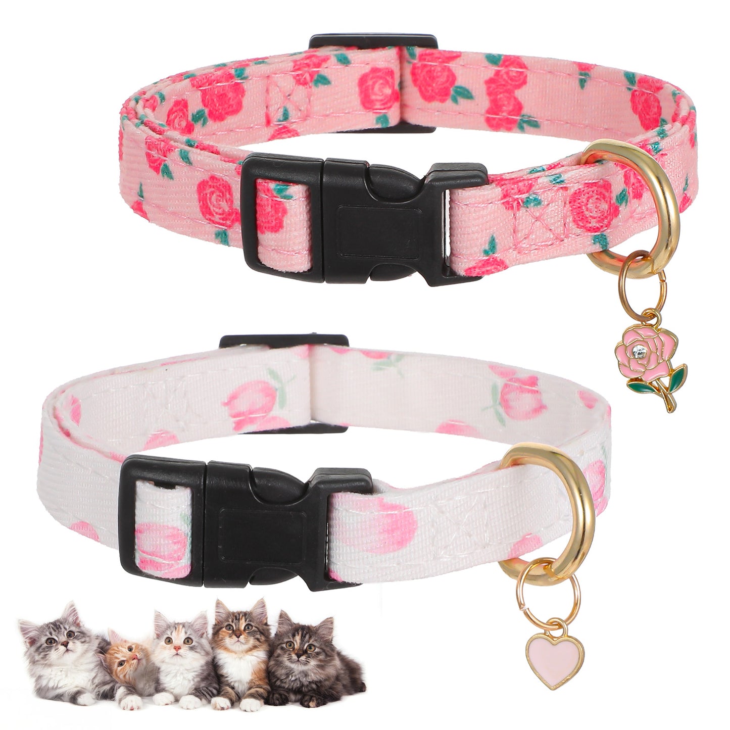 2 Pack Cotton Handmade Dog Collar for Small Dogs Cats, Cute and Distinctive Patterns Pendant Personalized Dog-Collars for Girl Boy Small Medium Large Puppy Dogs Kittens Pet (White & Pink, S)