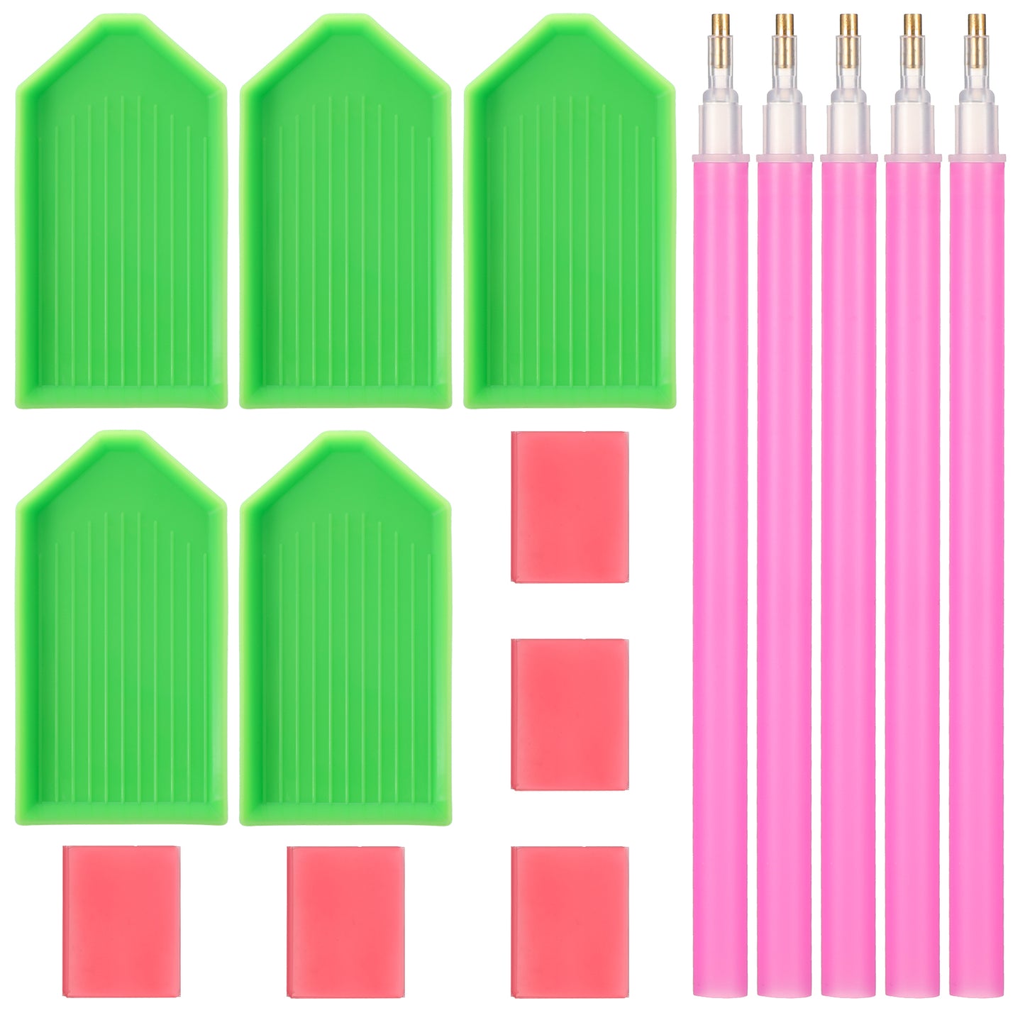 Ymapinc 15 PCS Diamond Art Pens Tools with 5 Drill Pen Grip, 5 Tray, 5 Glue Clay, Diamond Art Accessories Pens for Kids Adults DIY Crafts (Red, Pink, Green)