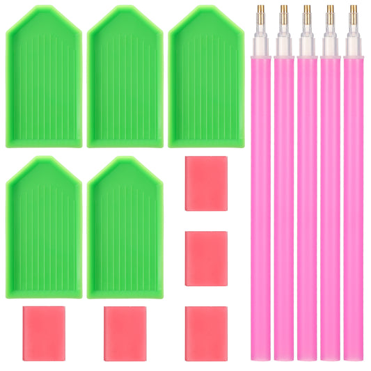 Ymapinc 15 PCS Diamond Art Pens Tools with 5 Drill Pen Grip, 5 Tray, 5 Glue Clay, Diamond Art Accessories Pens for Kids Adults DIY Crafts (Red, Pink, Green)