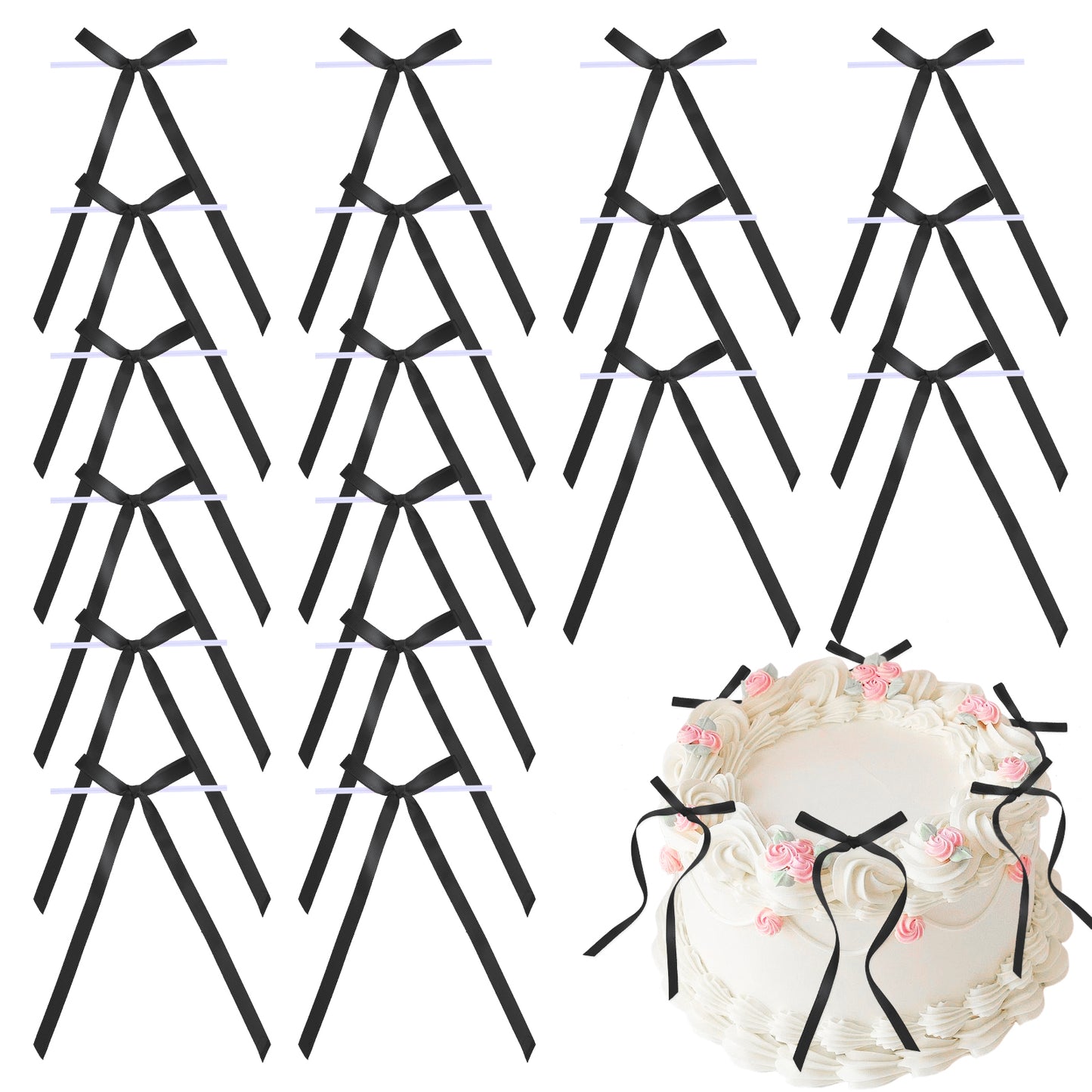 20 Pcs Bow Cake Toppers, Black Bows tie for Cake Decorations Reusable Cute Bowknot Ribbons, Coquette Bows for Baby Shower Anniversary Bridal Dessert Picks Birthday Wedding Party